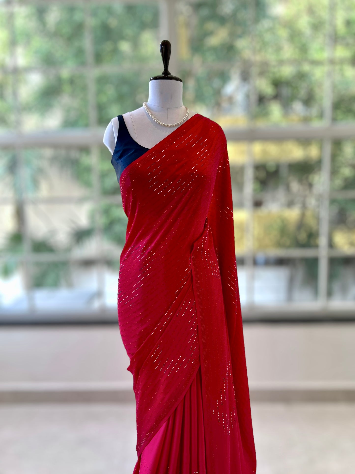 Swarovski satin saree - Cherry red