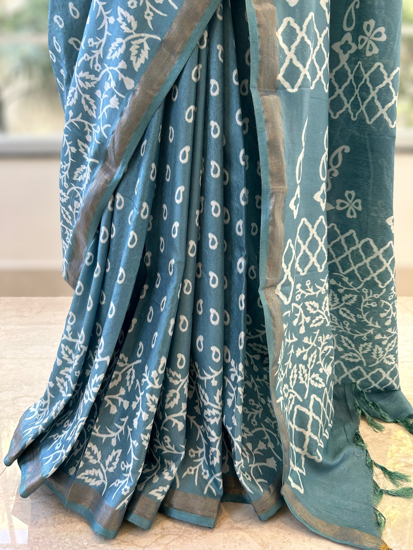 Blue Muslin cotton saree