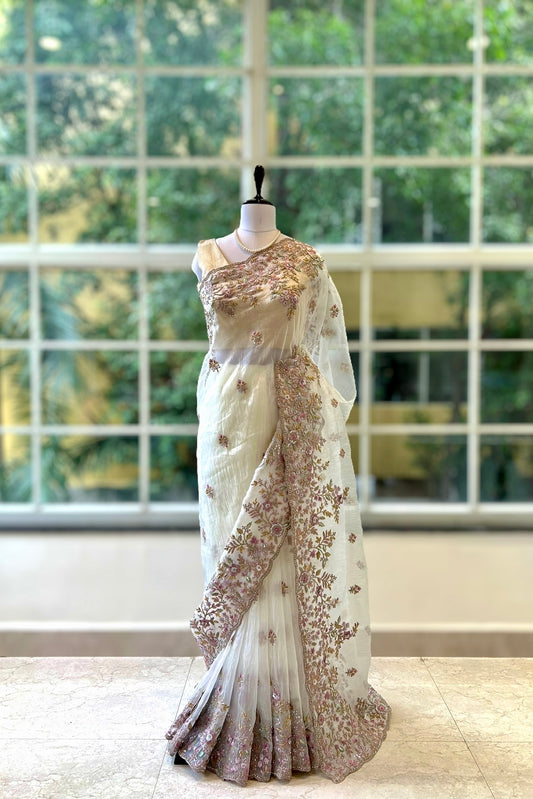 White organza embellished saree