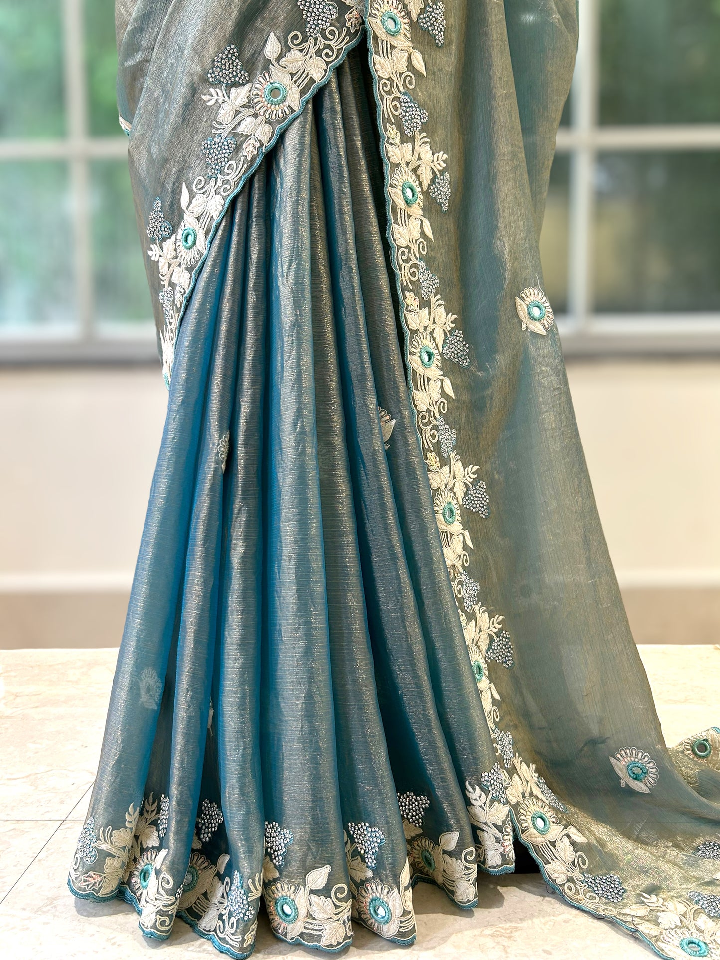 Soft shimmer chiffon embroidered saree - Golden blue