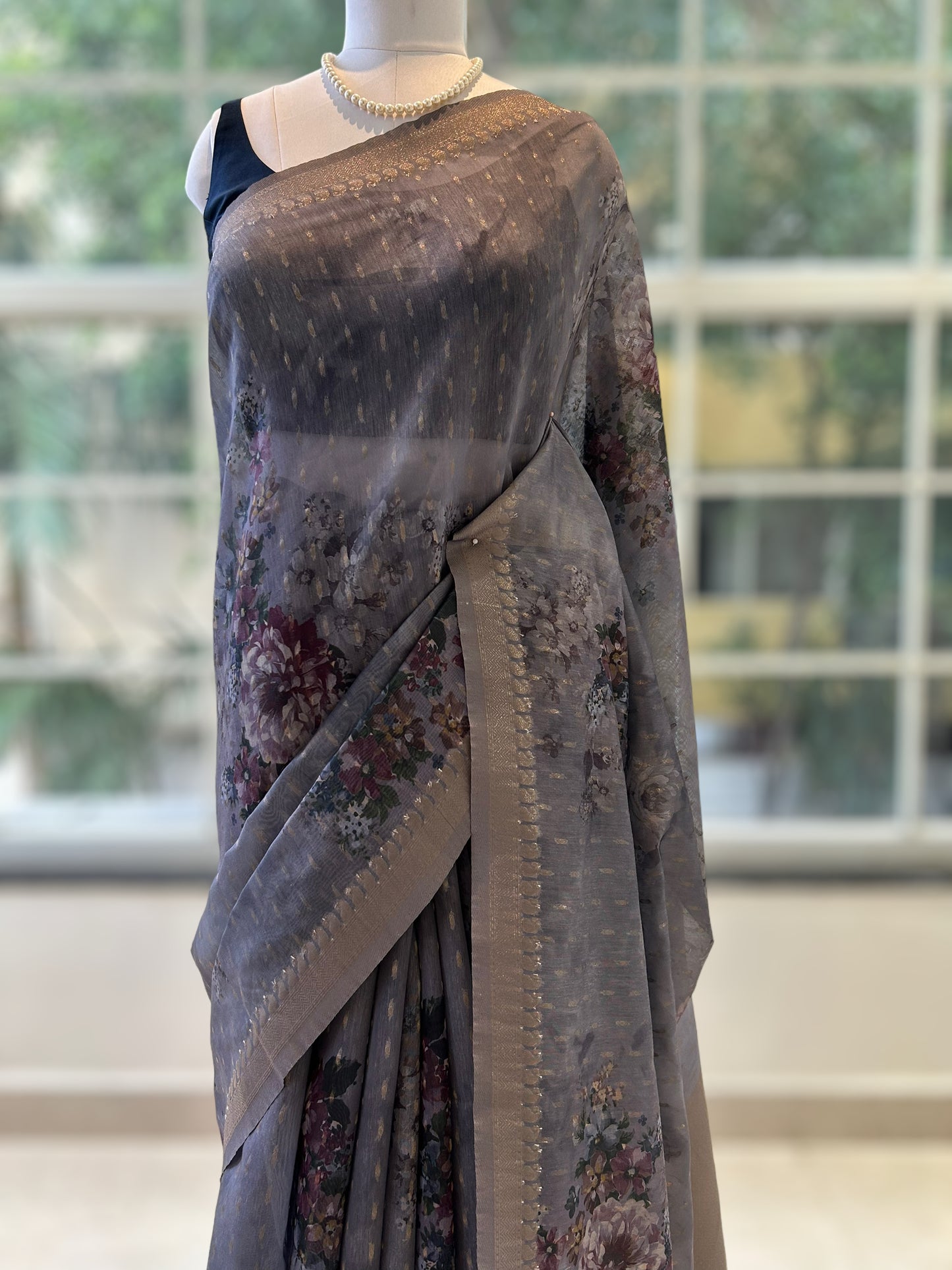 Grey organza zariwork saree