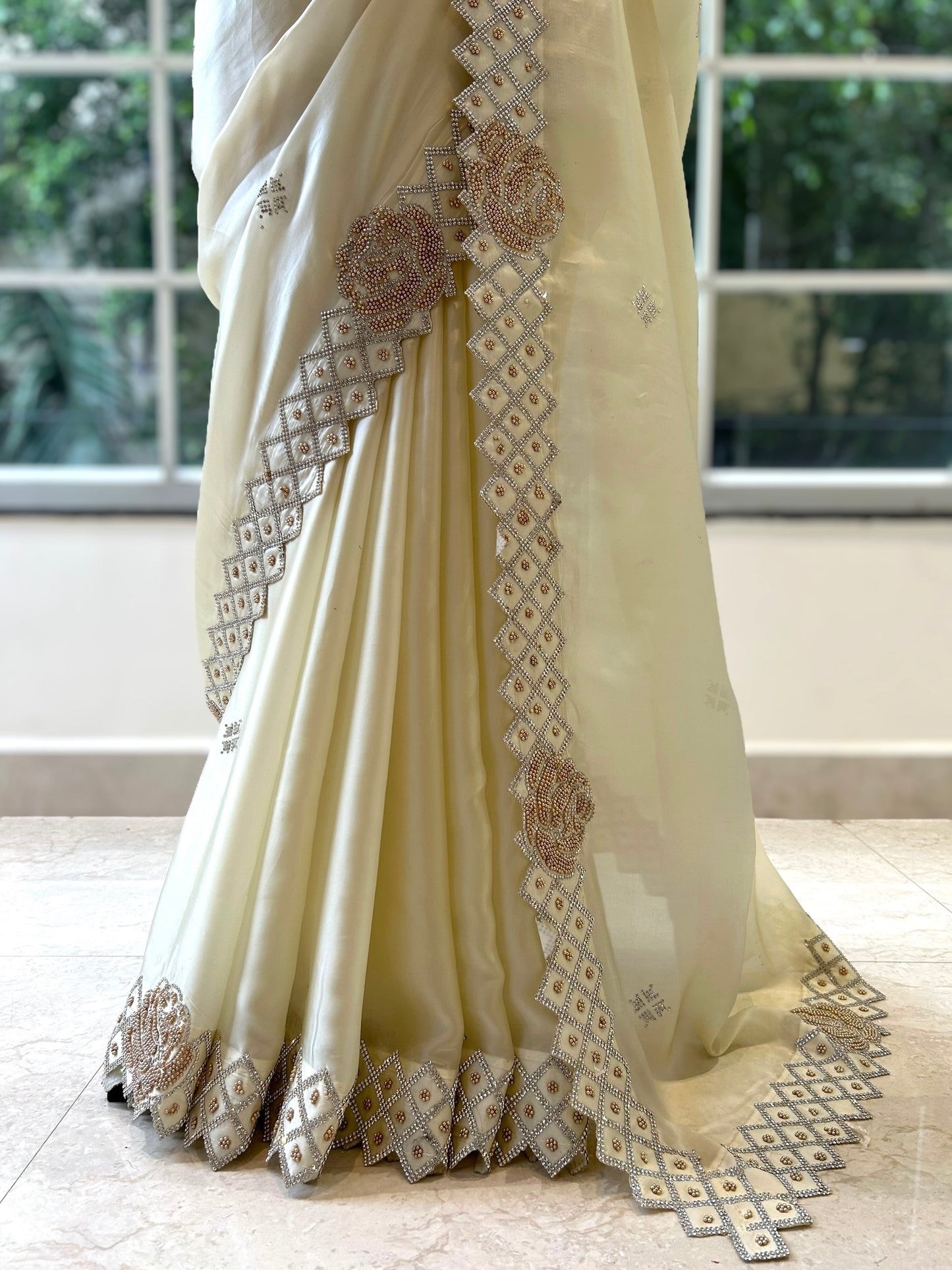 Cream rose embellished satin saree