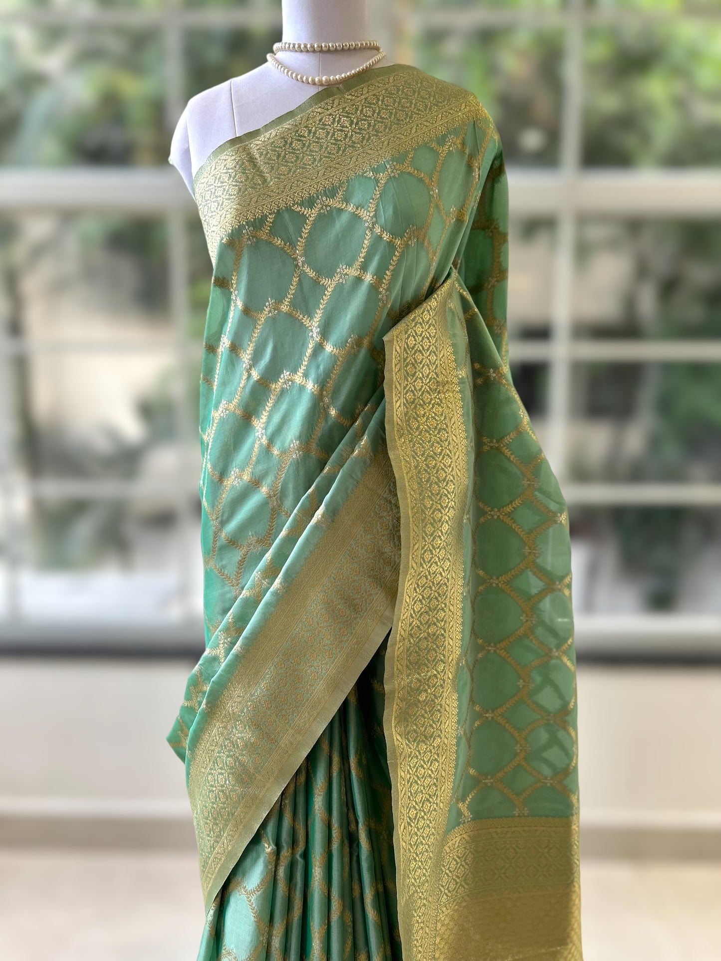 Sea green crepe silk saree