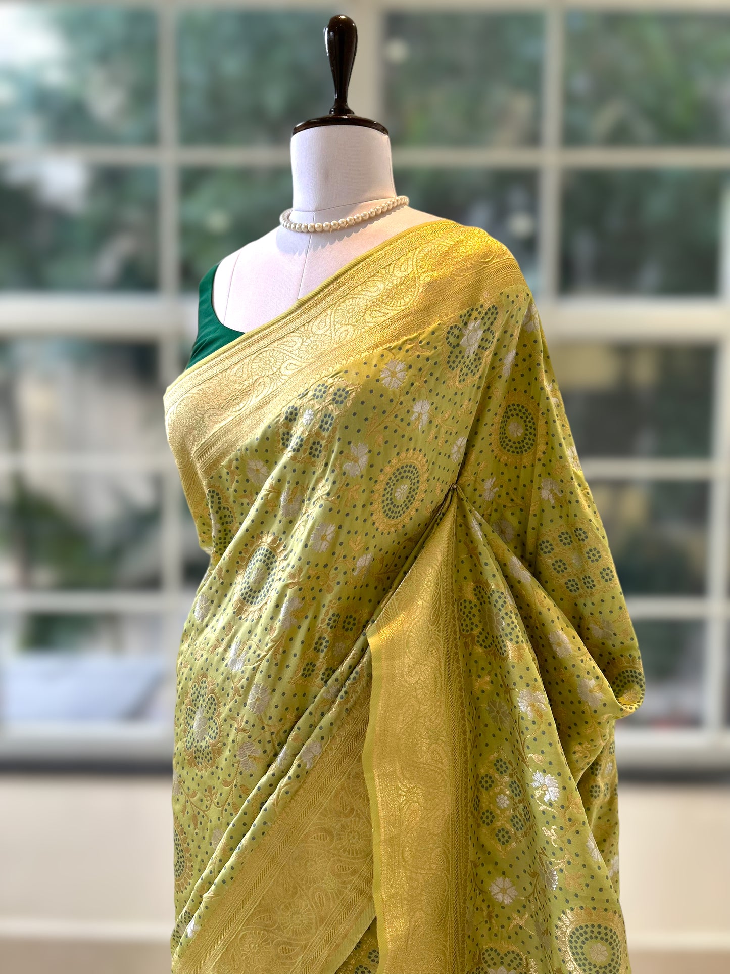 Lime green zariwork saree