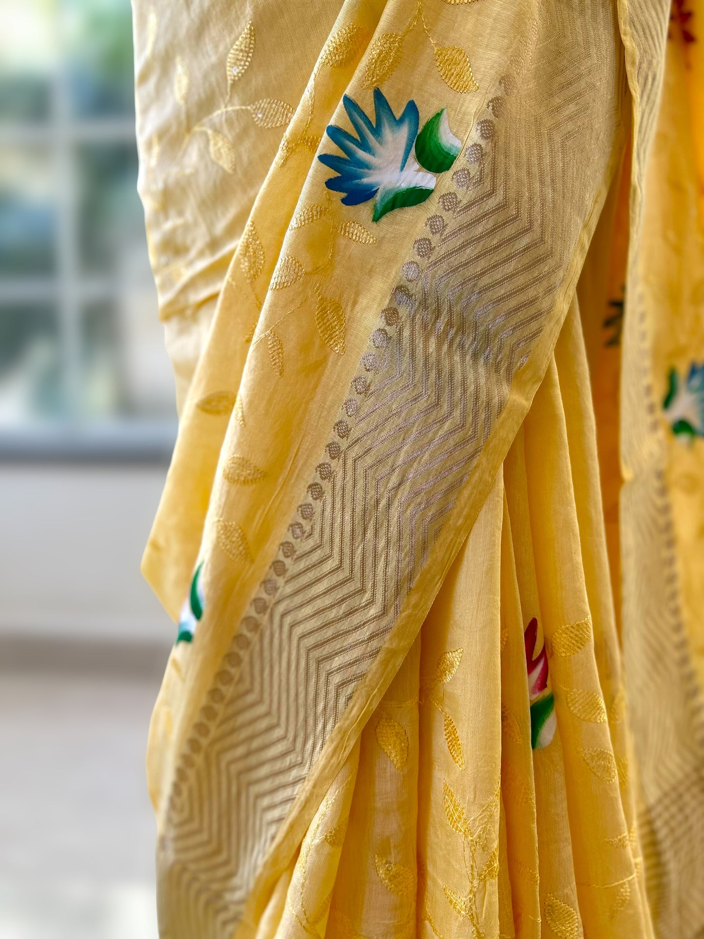 Yellow hand painted saree