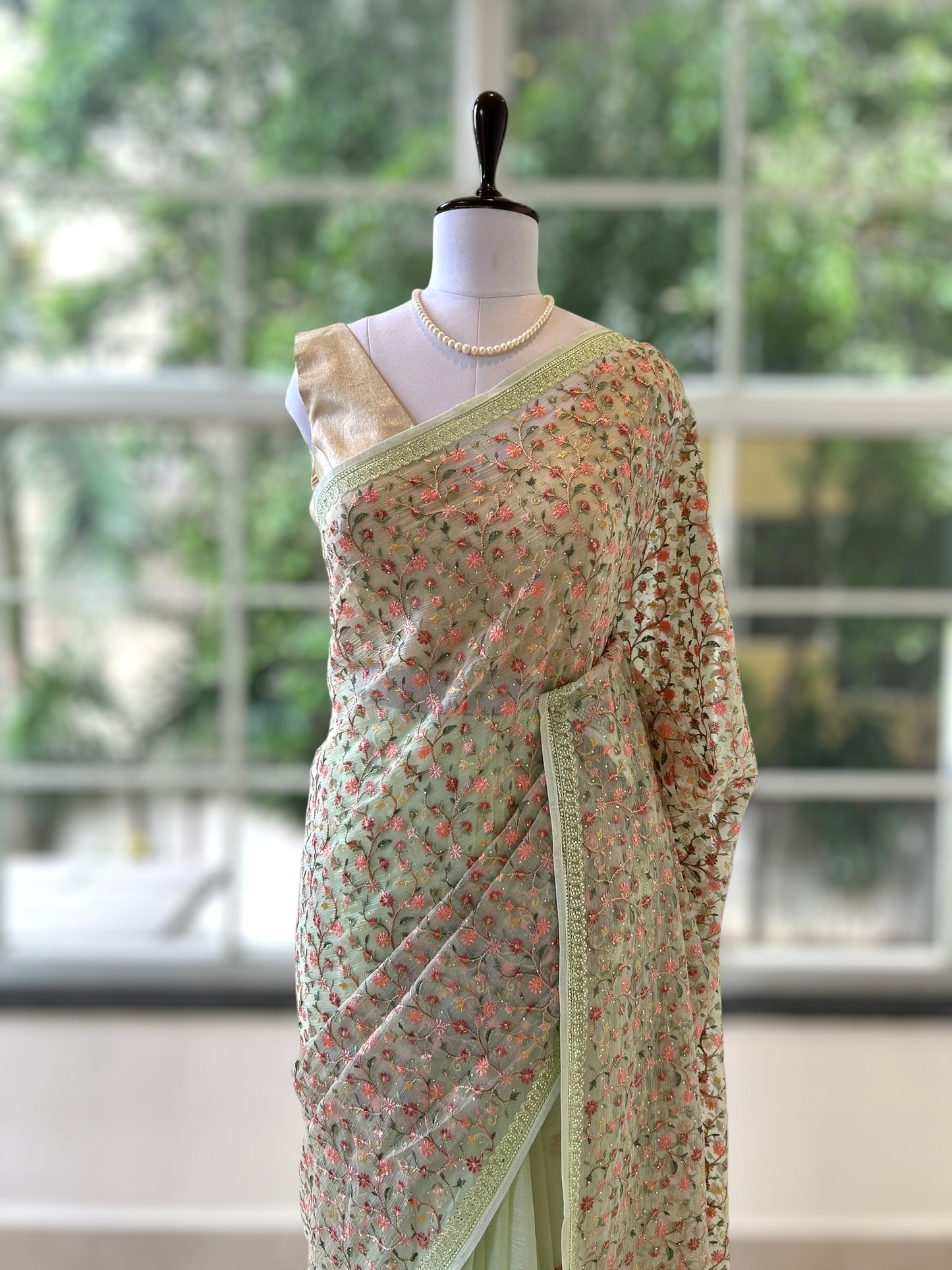 Floral embroidered chiffon saree - Green