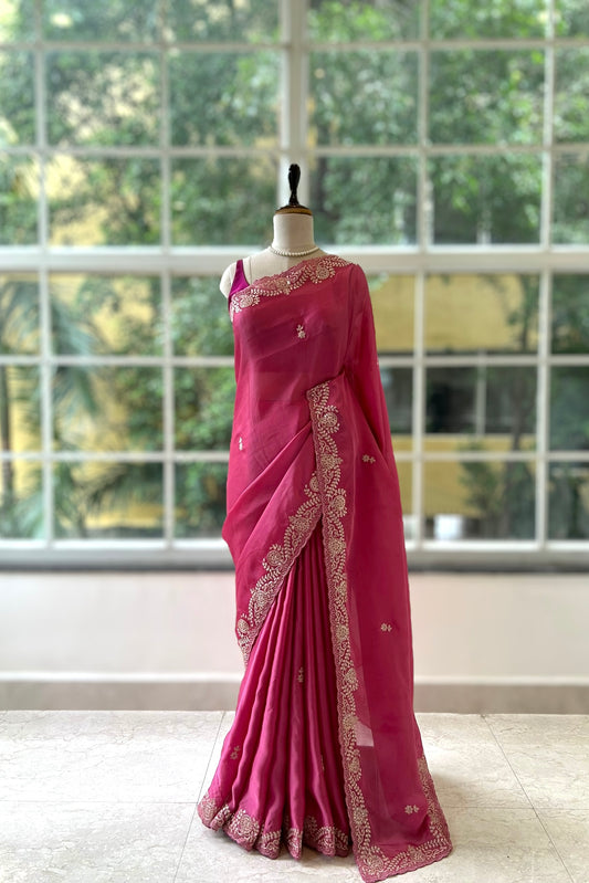 Satin chiffon aari work saree - Pink