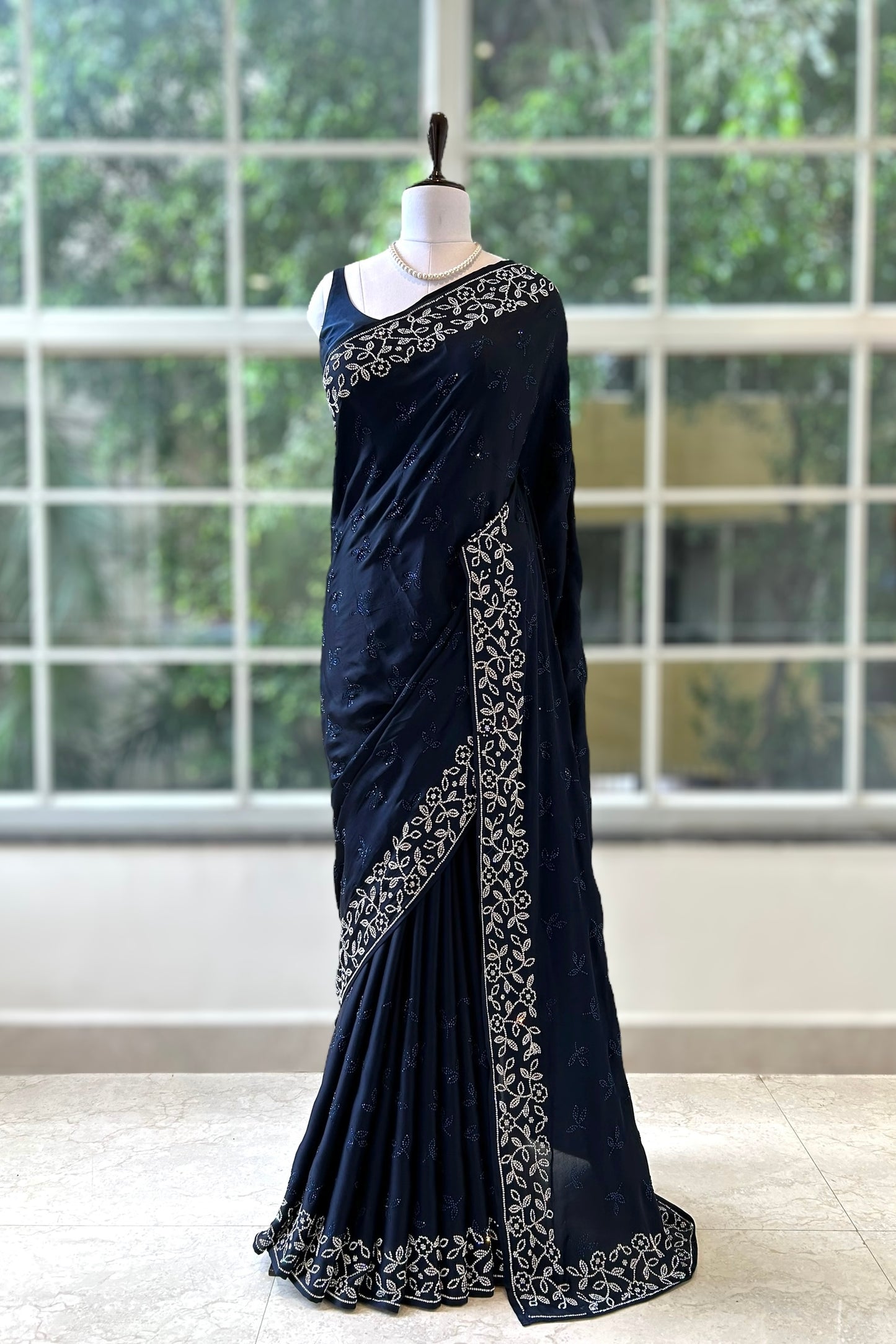 Navy blue satin saree