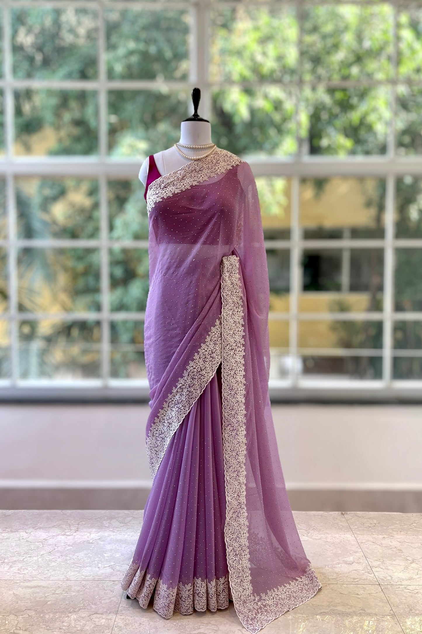 Chiffon threadwork saree - Lilac