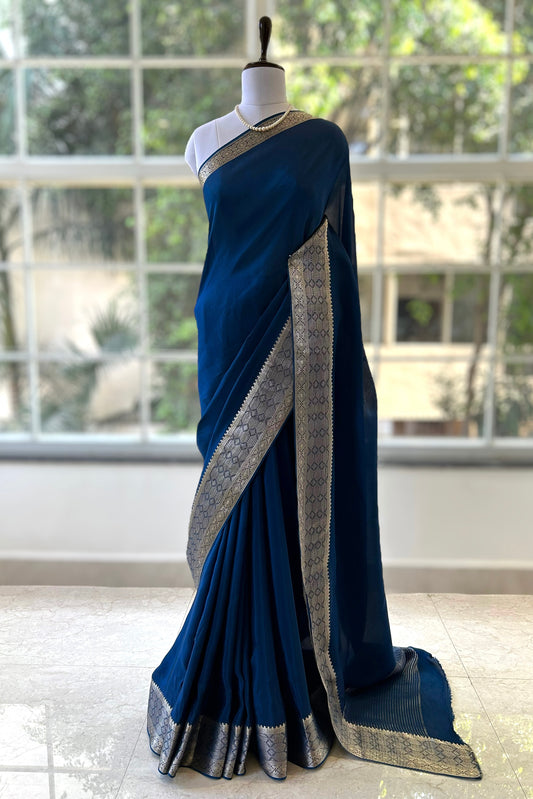 Celestial satin organza saree - Navy Blue