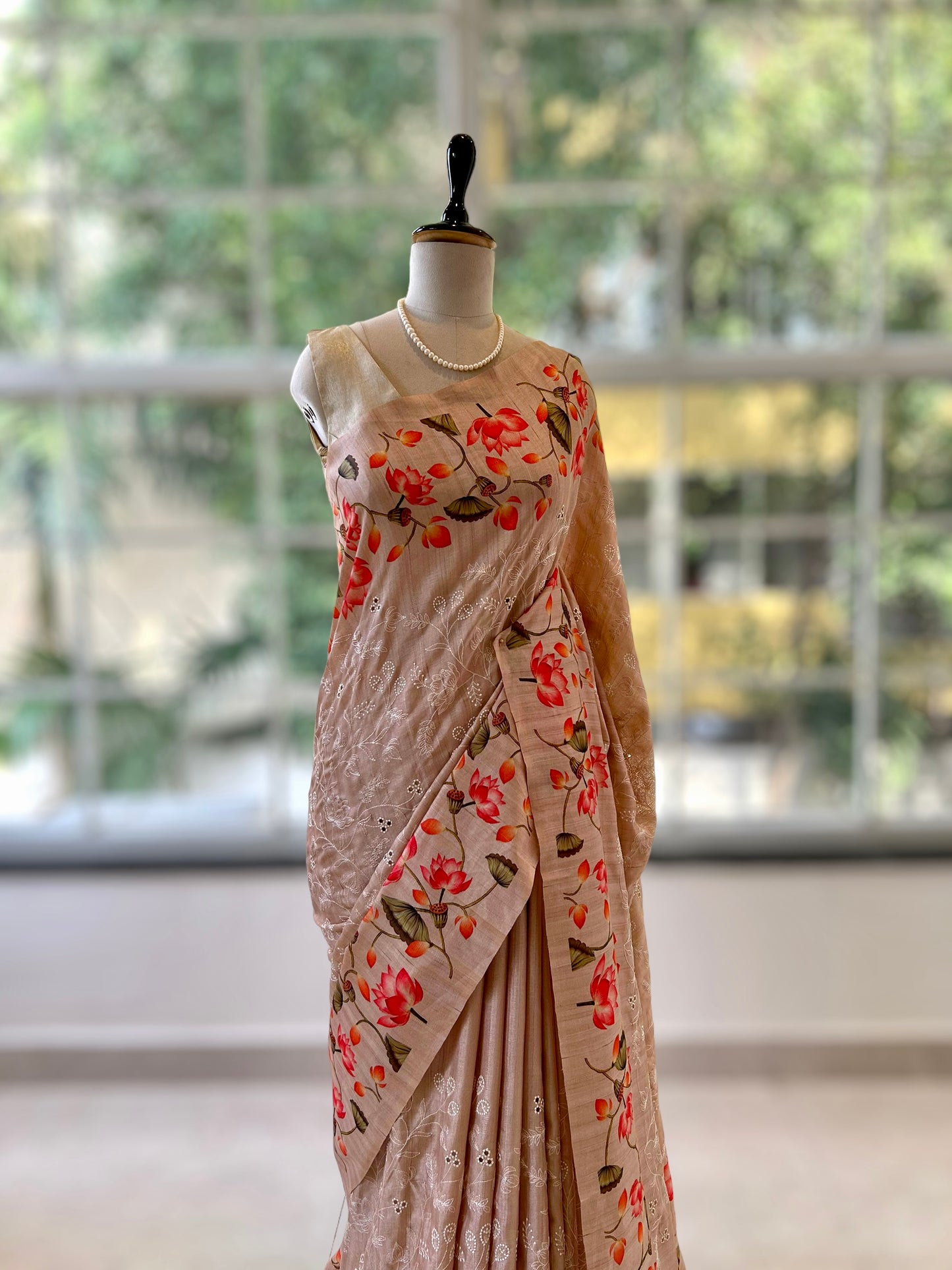 Floral tussar silk saree - Golden