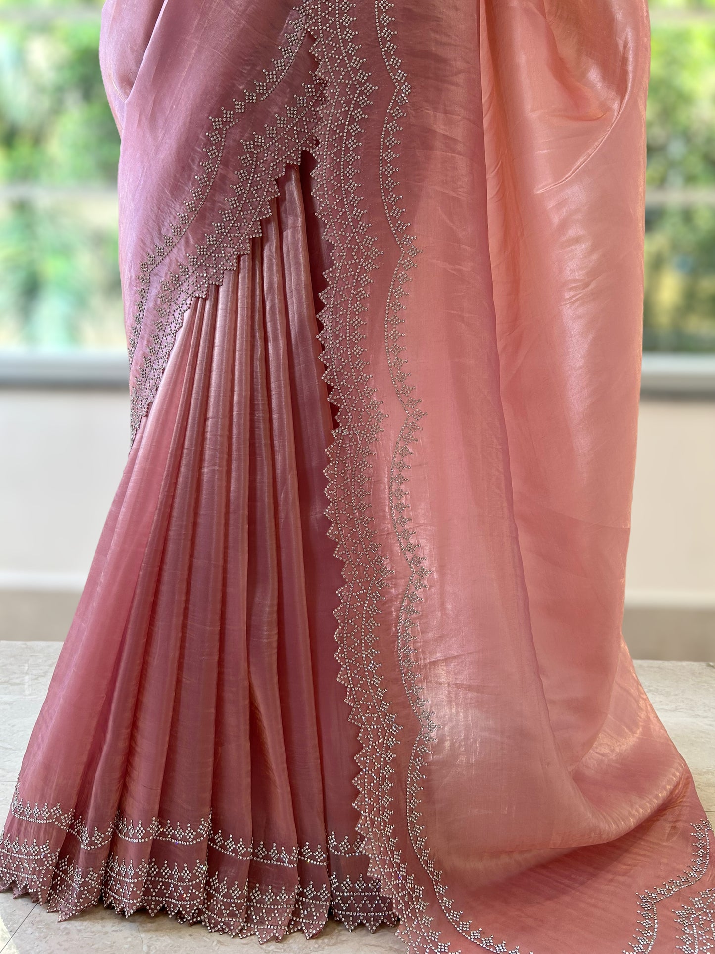 Rose gold embellished organza saree