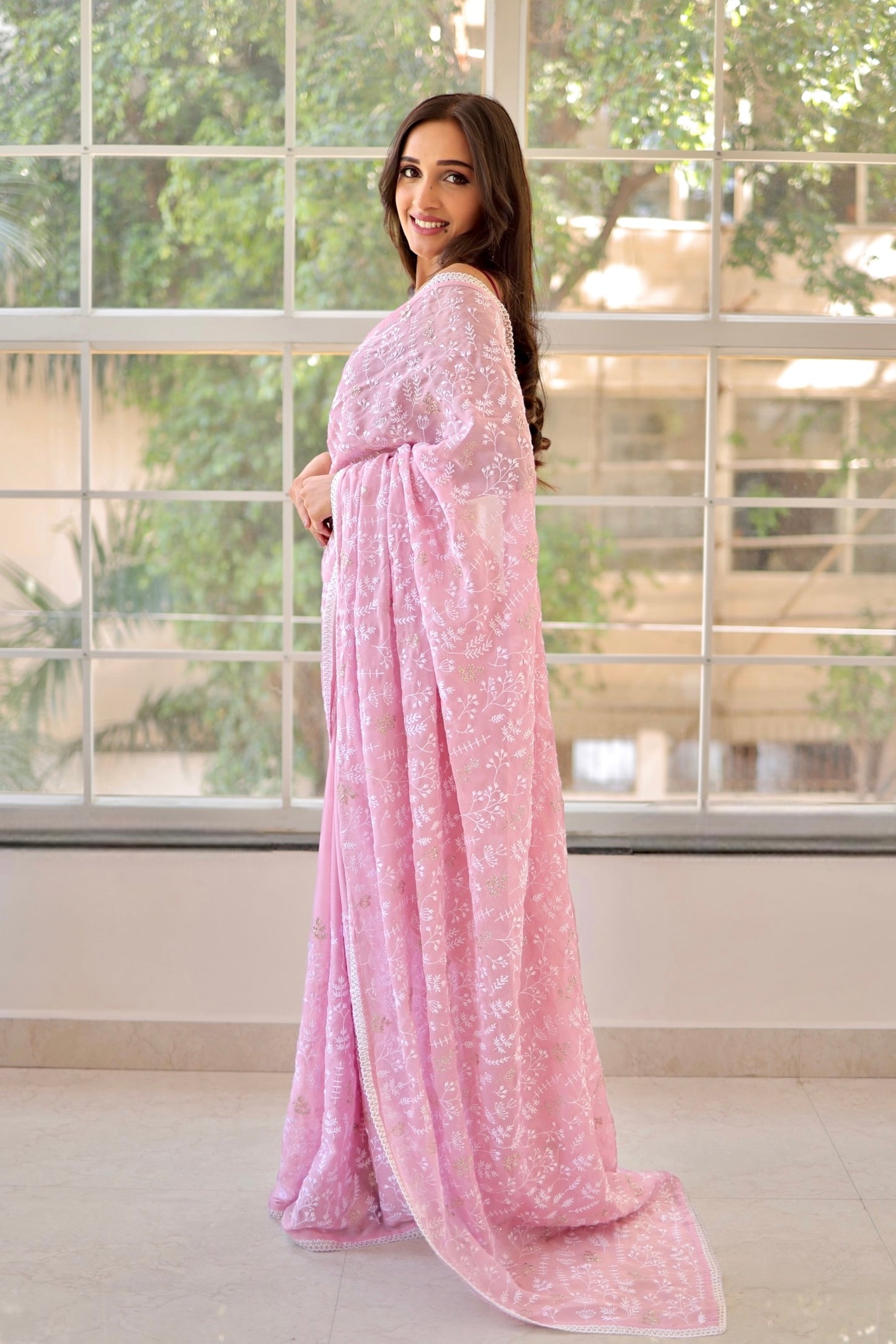 Pink chiffon saree