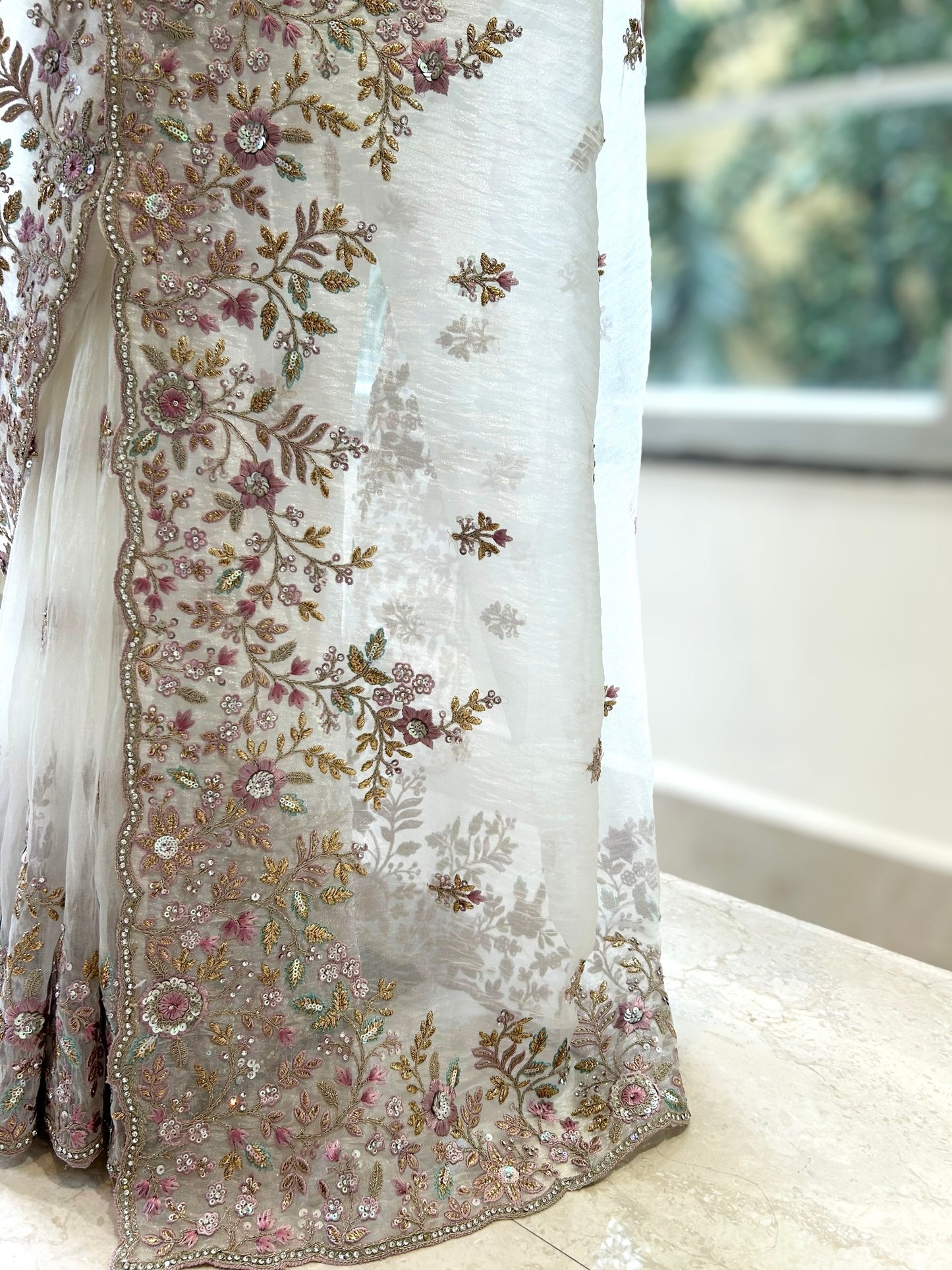 White organza embellished saree