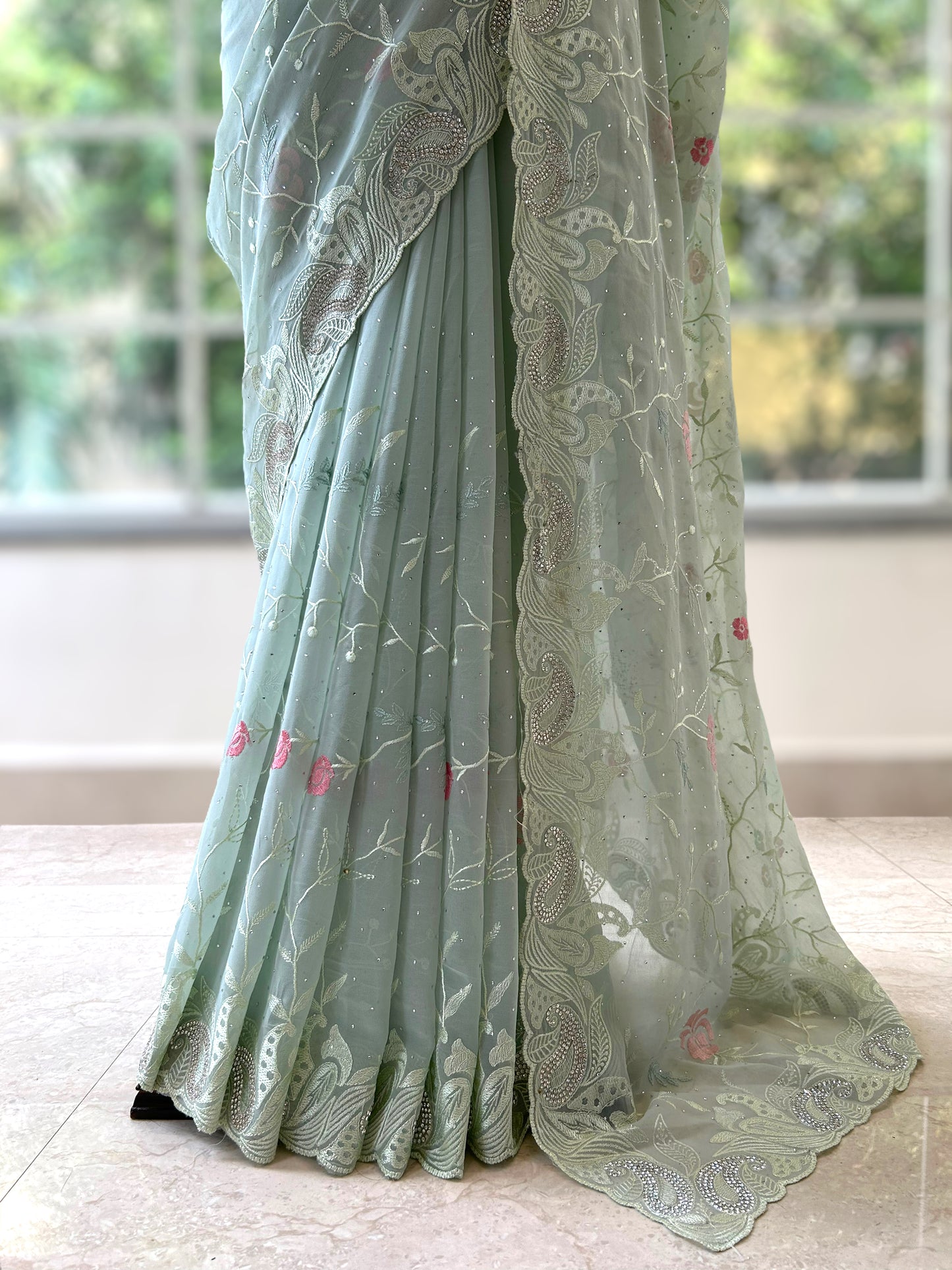 Sea green georgette saree