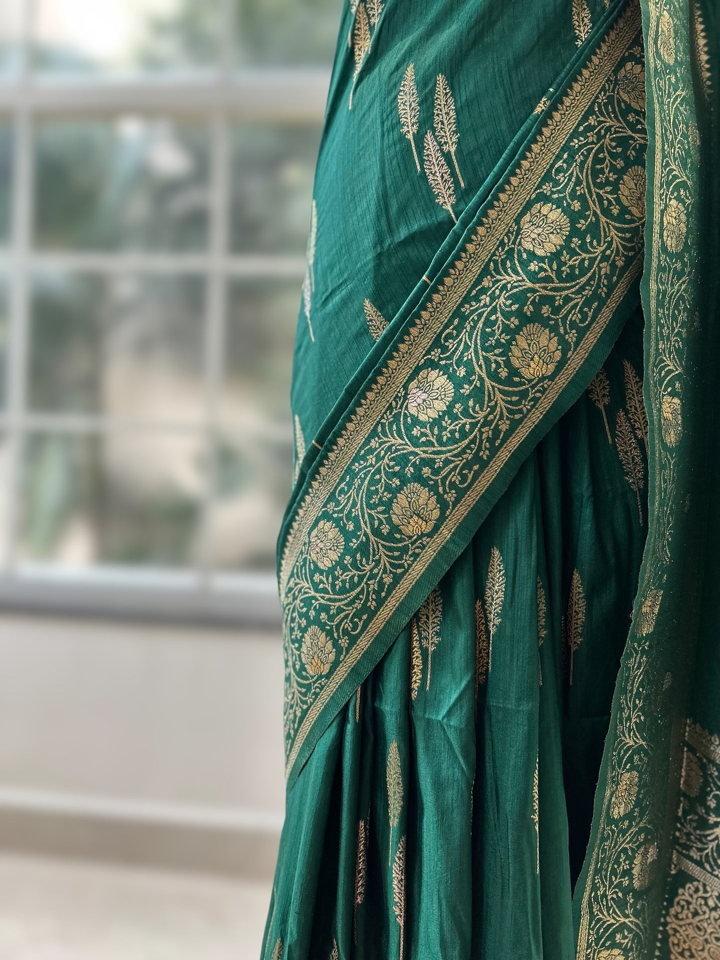 Bottle green soft silk saree