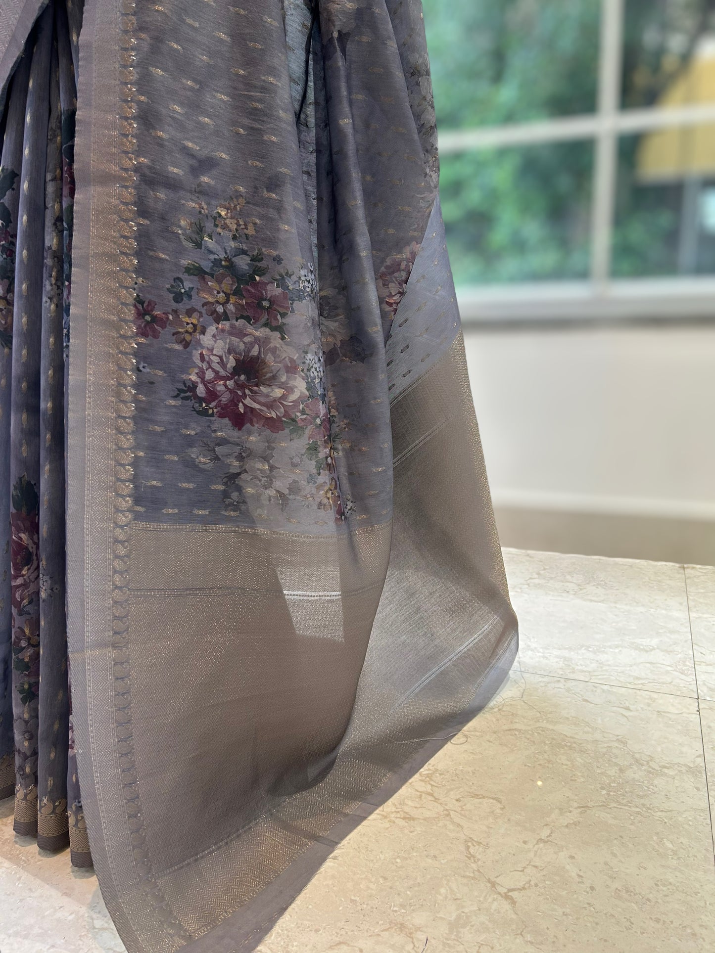 Grey organza zariwork saree