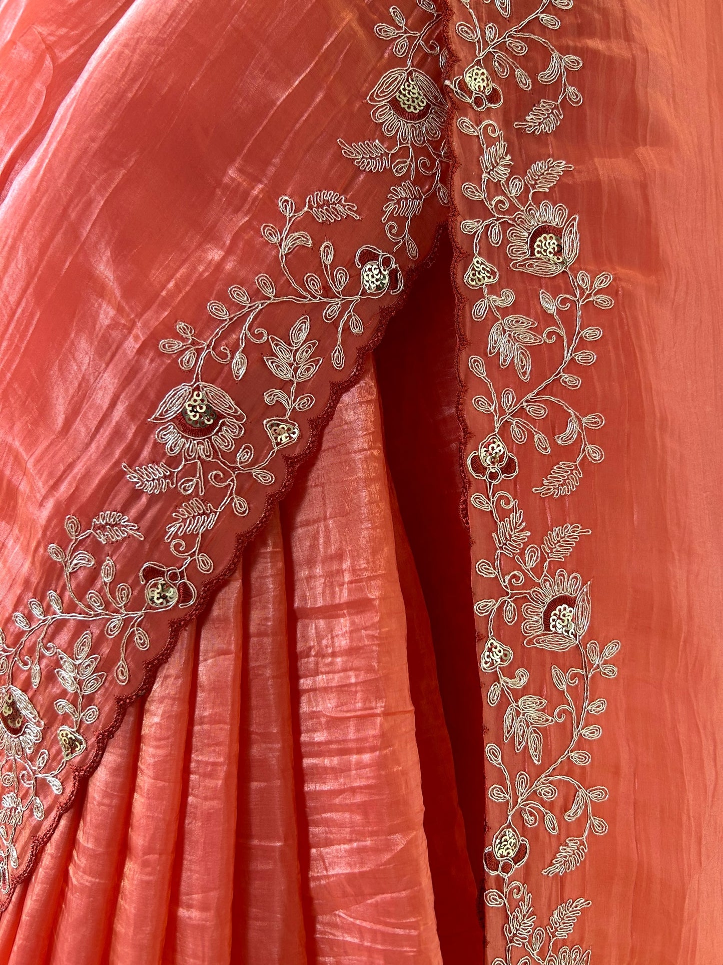 Aariwork crushed organza saree - Orange