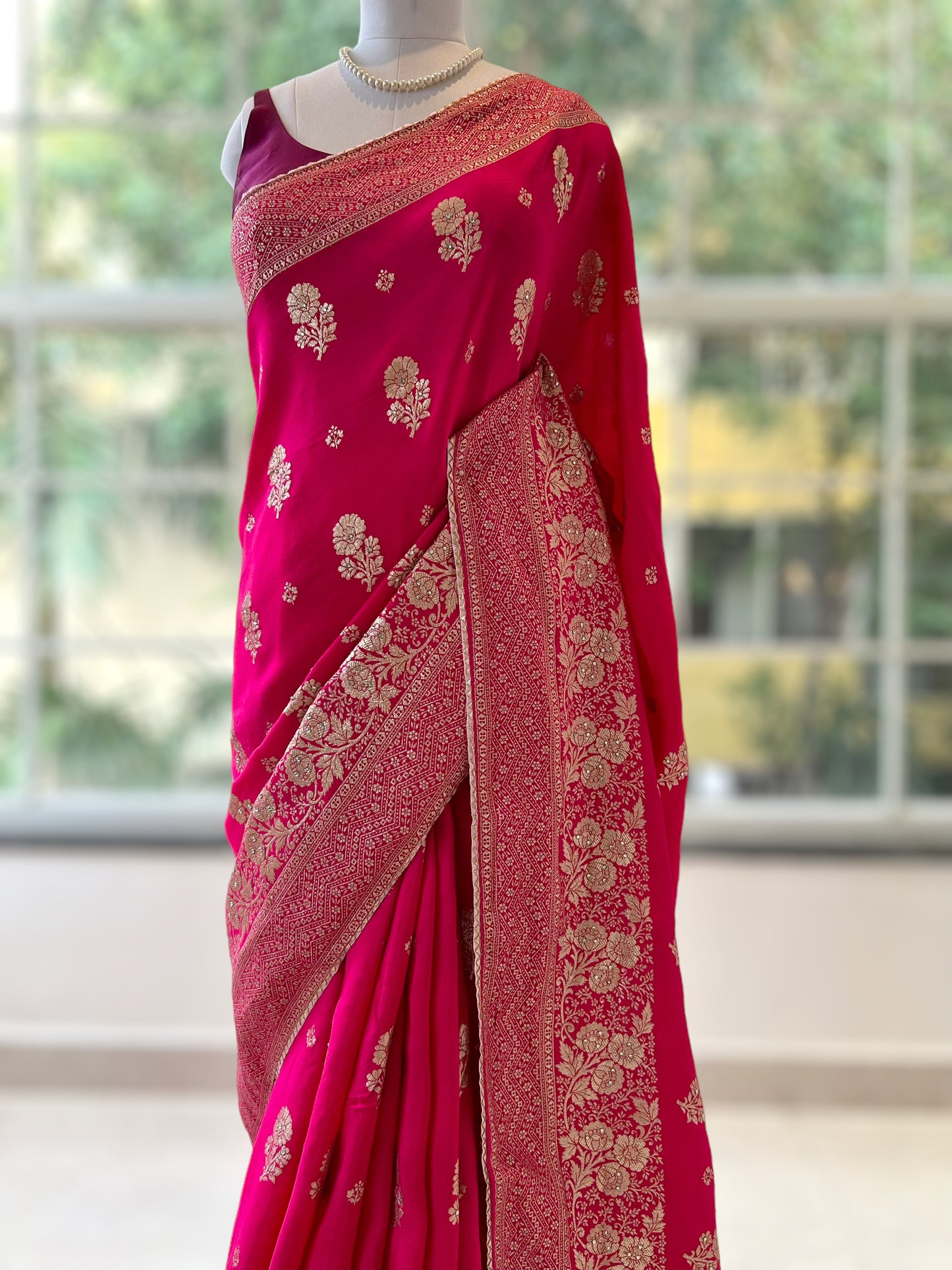 Dola silk stone work saree - Rani Pink