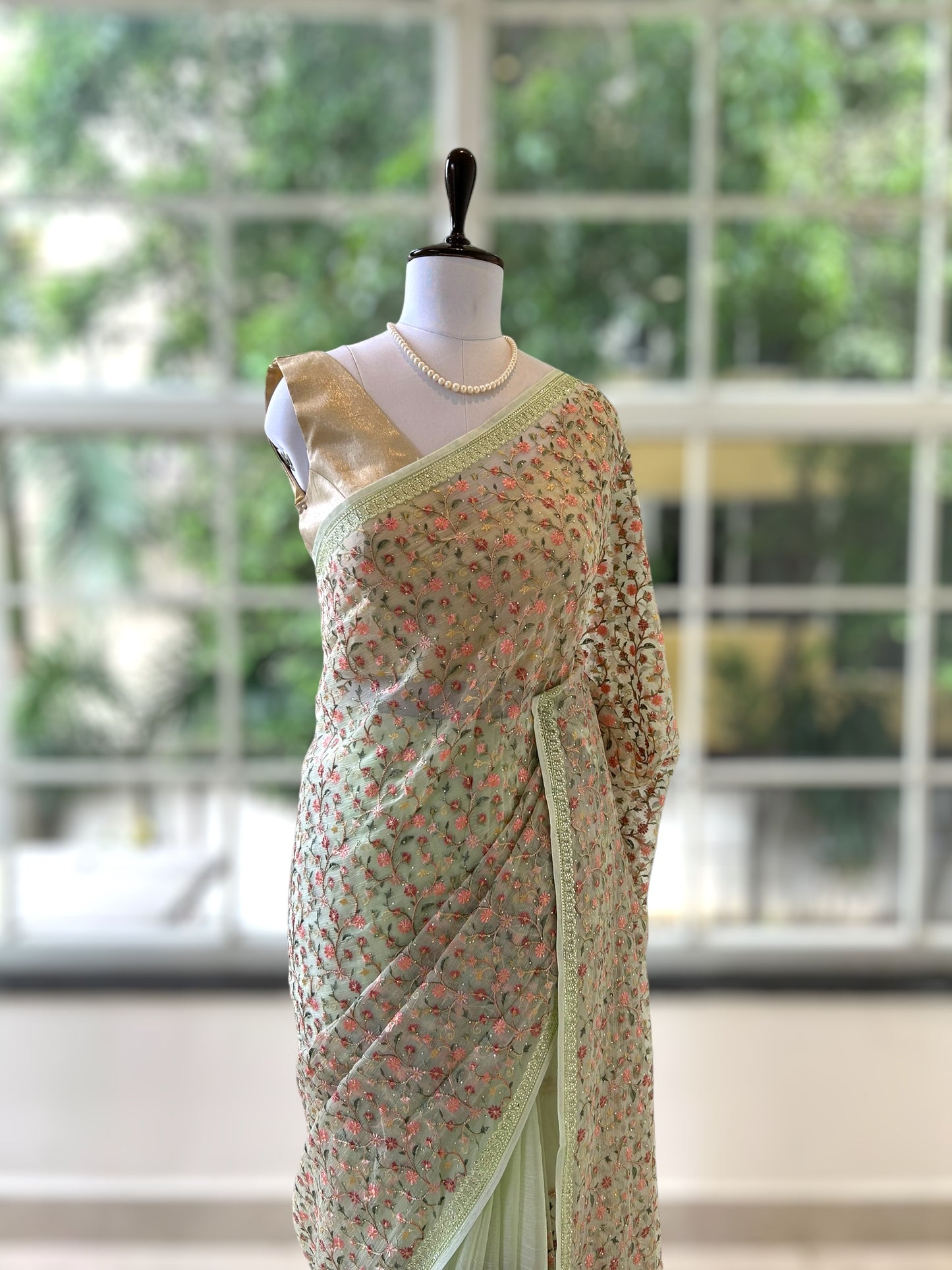 Floral embroidered chiffon saree - Green