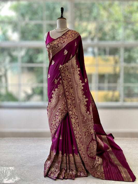 Wine zariwork soft silk saree