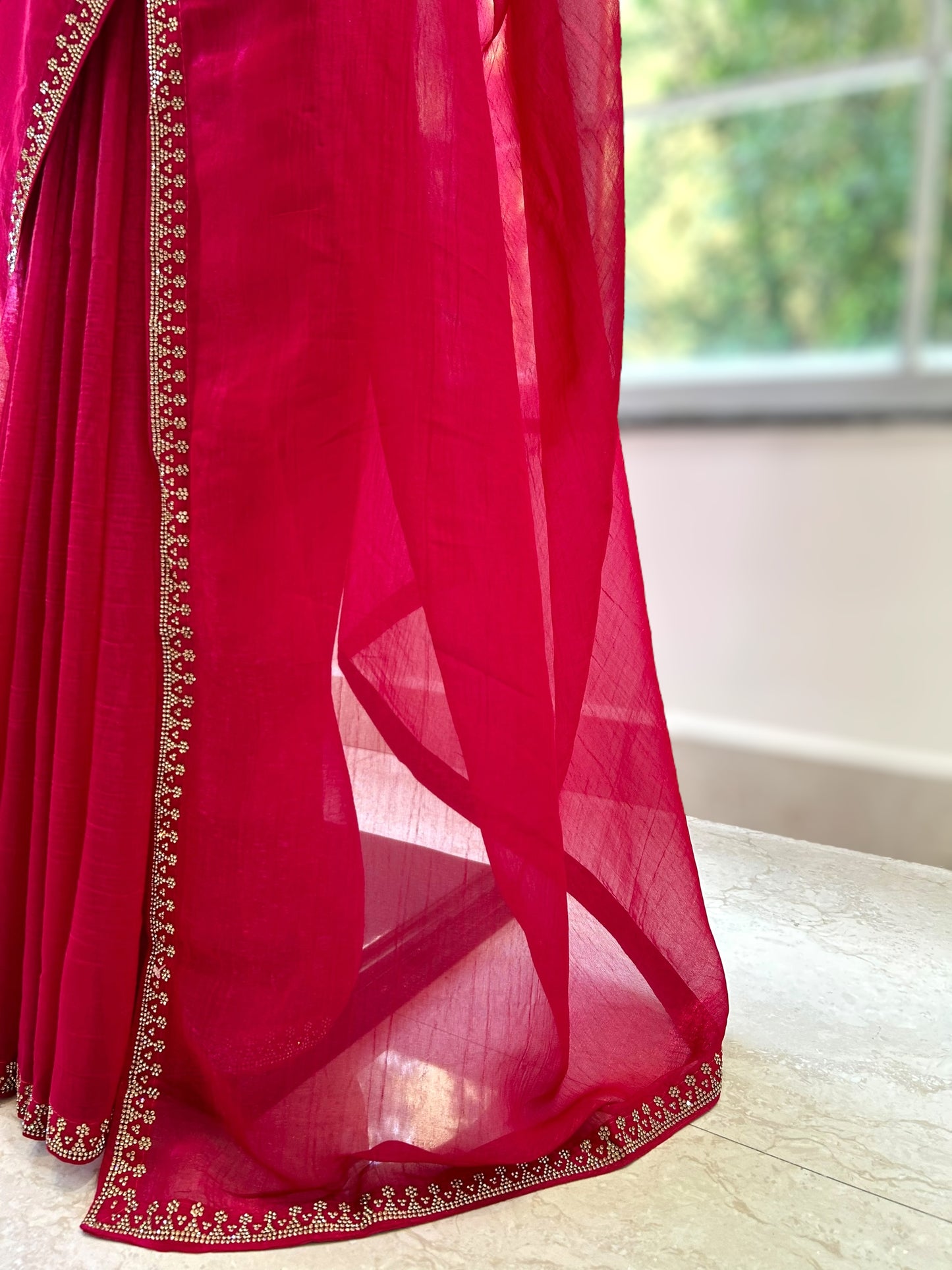 Crimson swarovski embellished chiffon saree