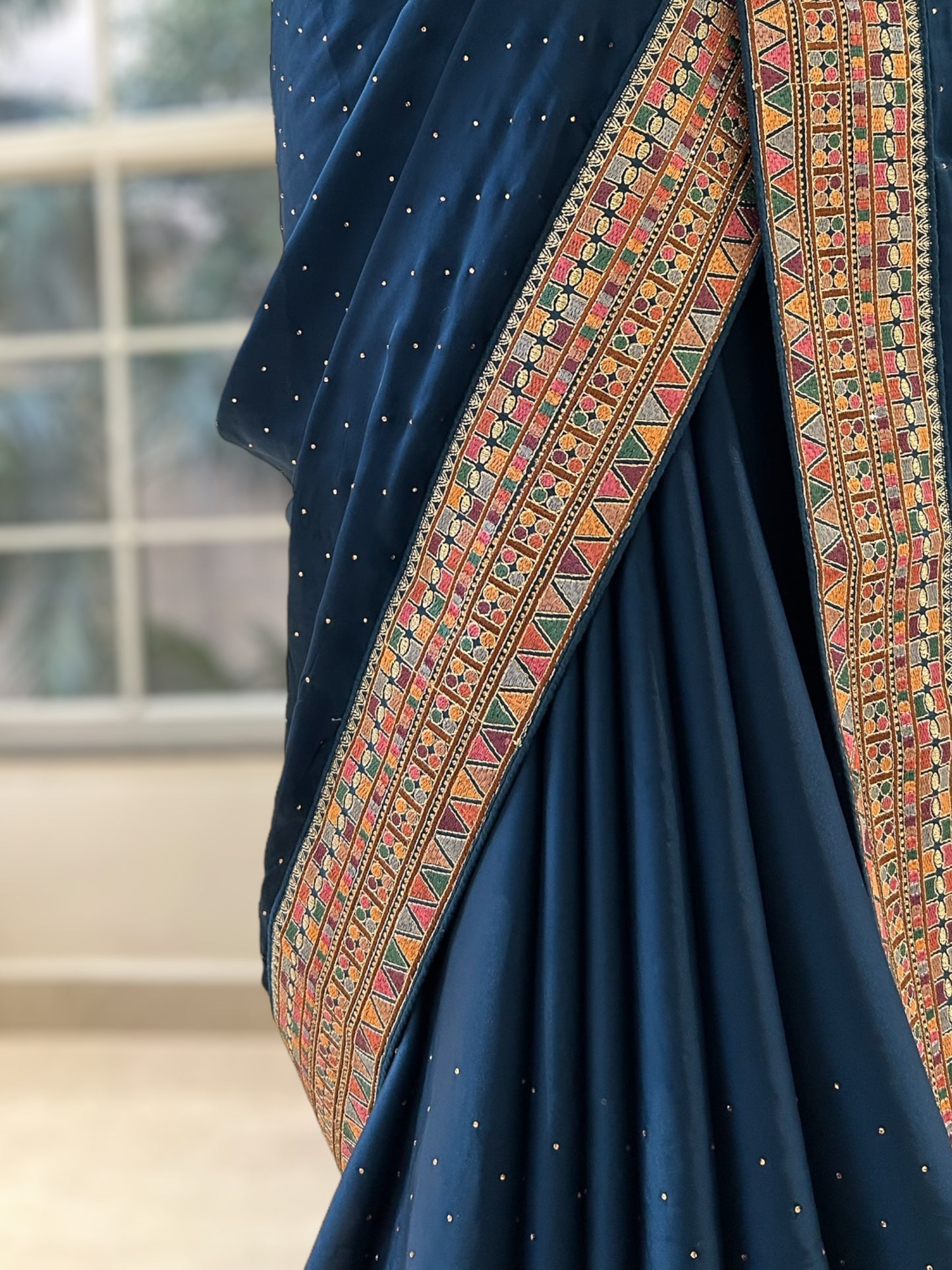 Navy blue pure satin swarovski saree