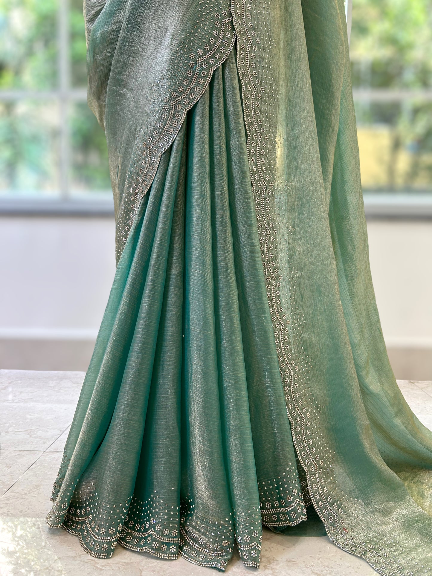 Emerald green shimmer chiffon saree