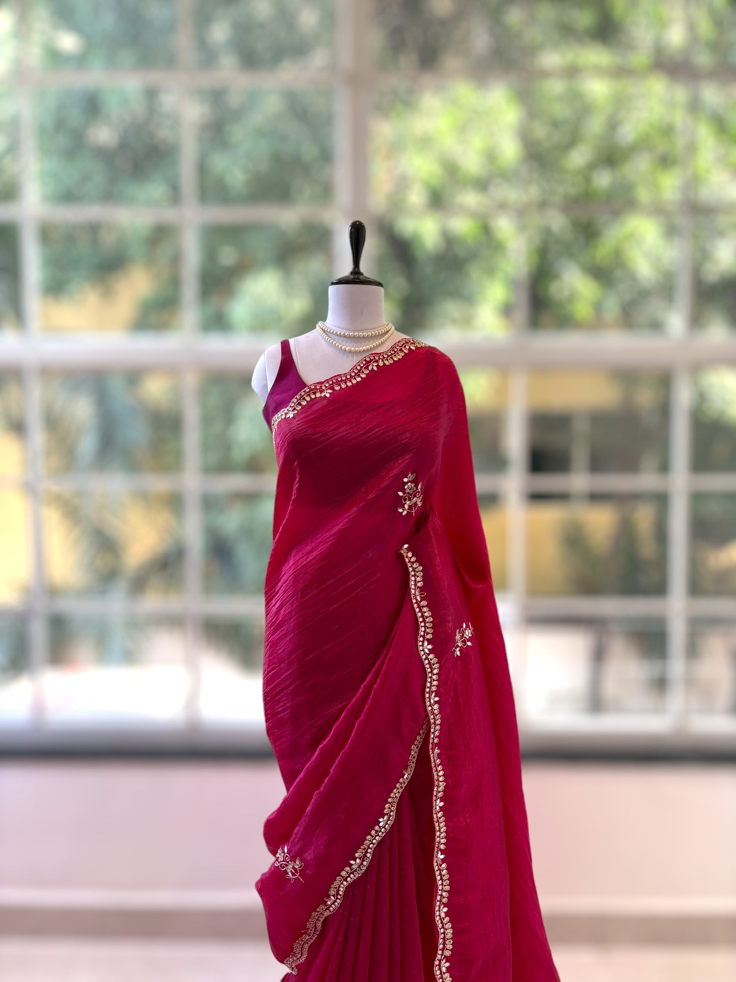 Mirror work crushed organza saree - Pink