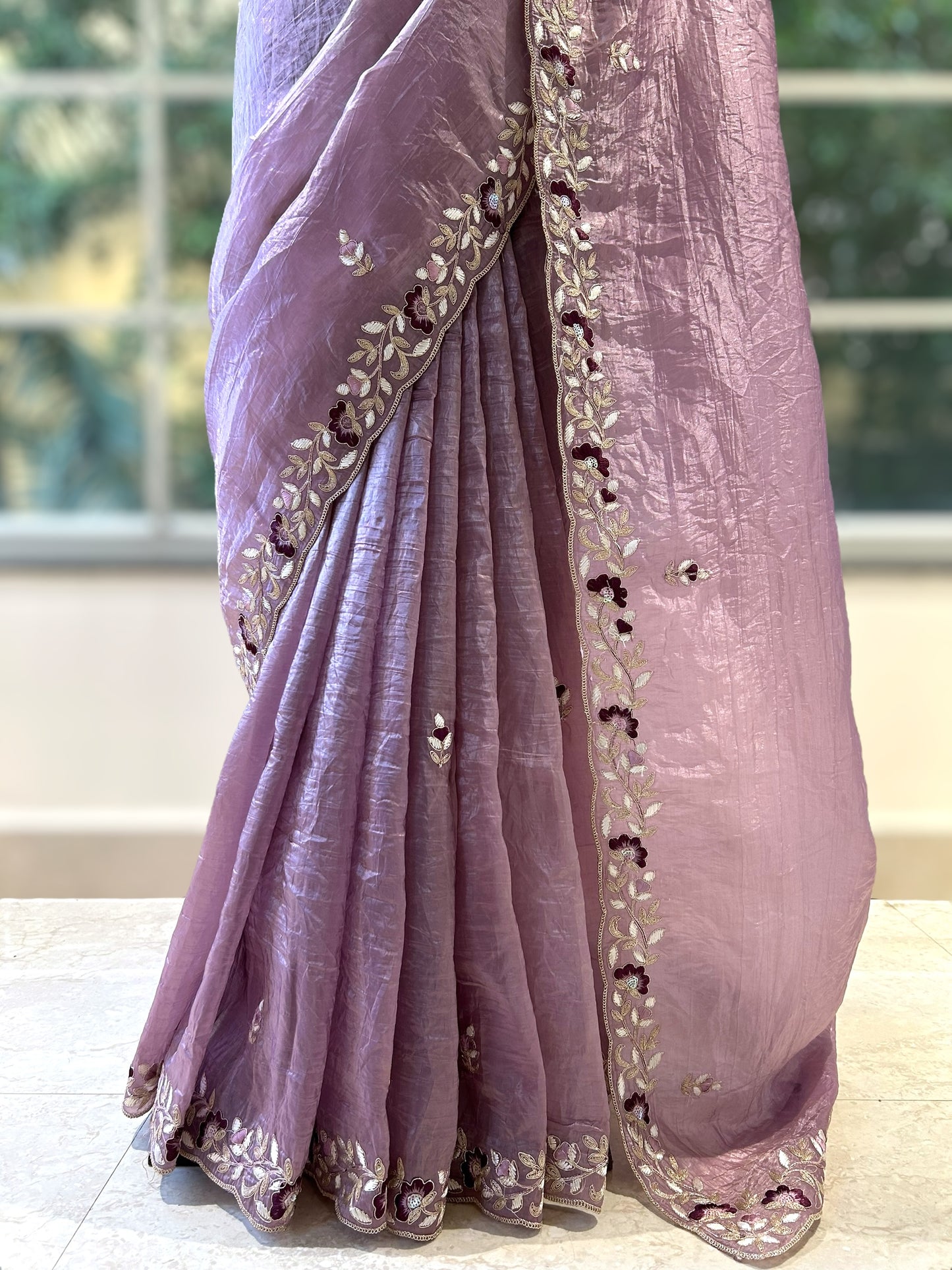 Embroidered crushed organza saree - Lilac