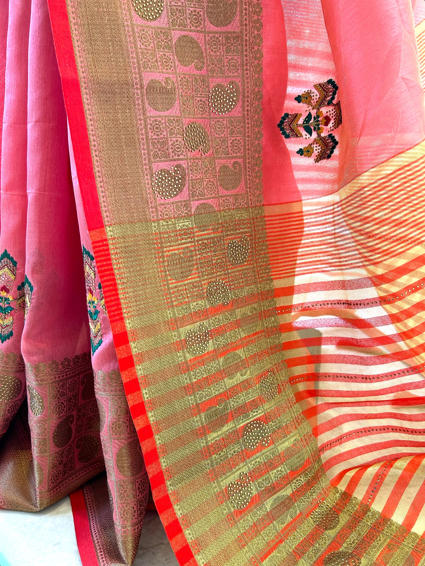 Cotton Embroidered Saree - Pink