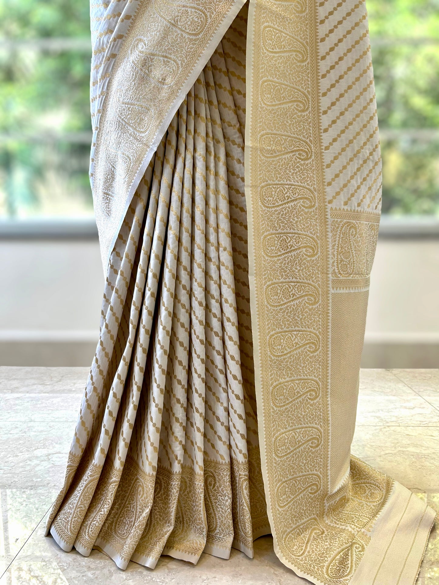 White and gold soft silk saree