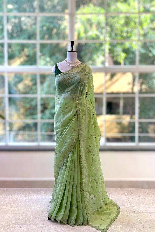 Serene scallop embroidered saree - Green