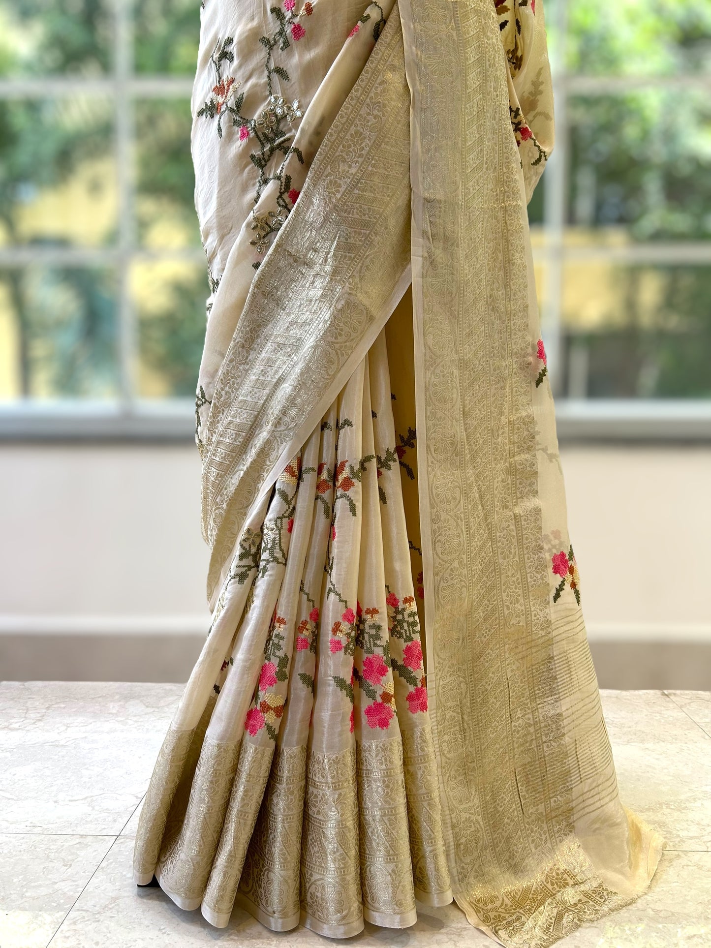 Beige resham work pure chiffon saree