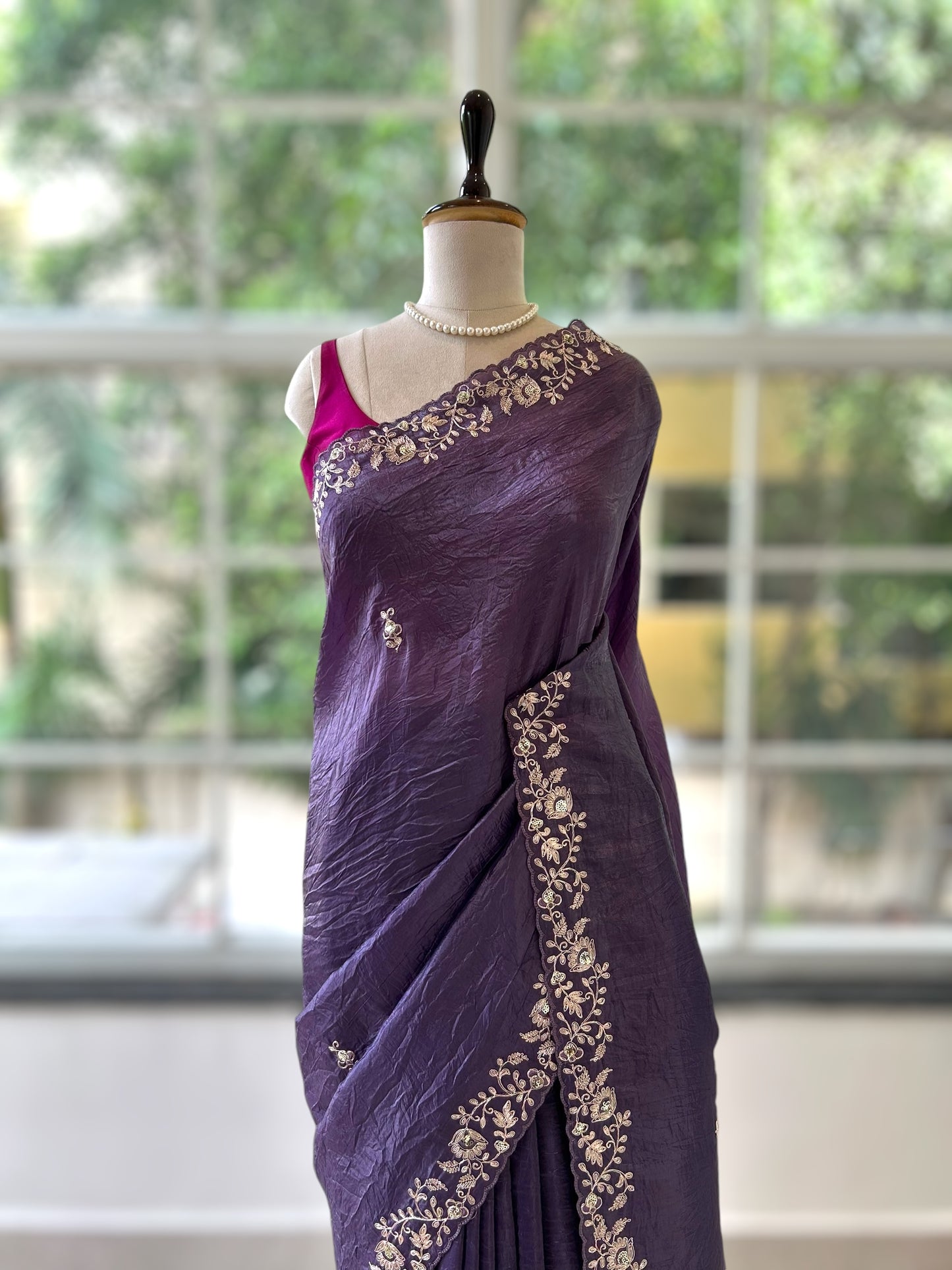 Aariwork crushed organza saree - Purple