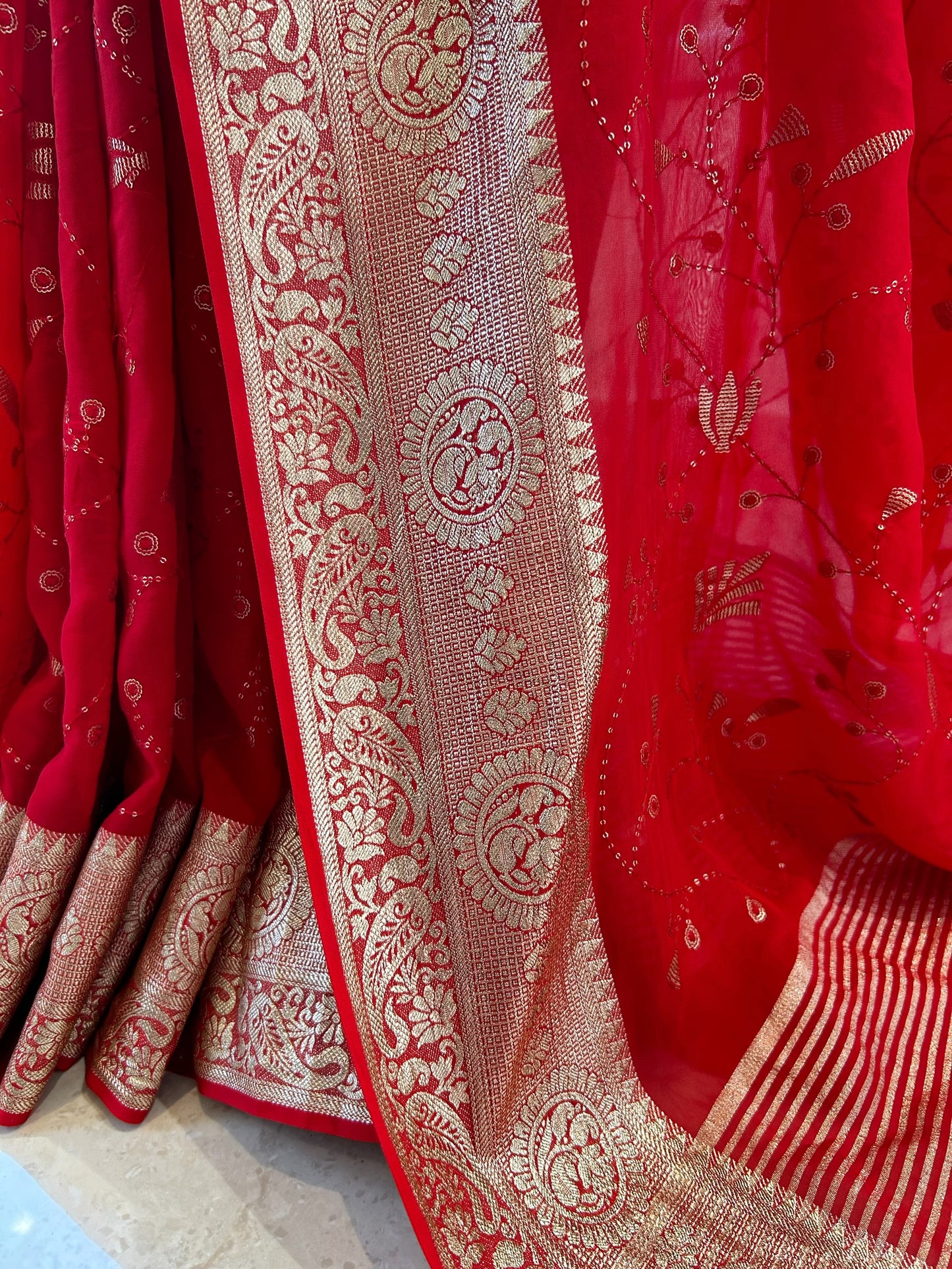 Red sequins georgette saree