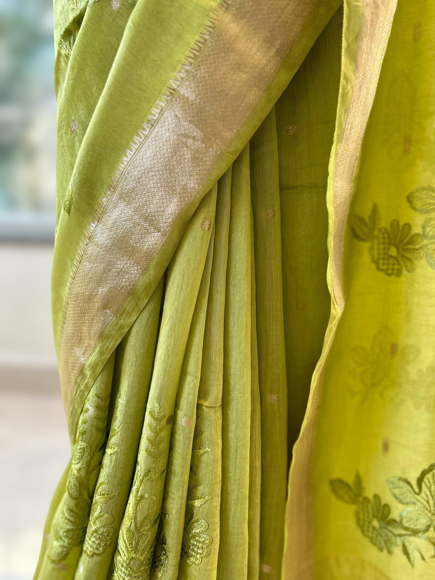 Parrot green pure soft chanderi cotton saree