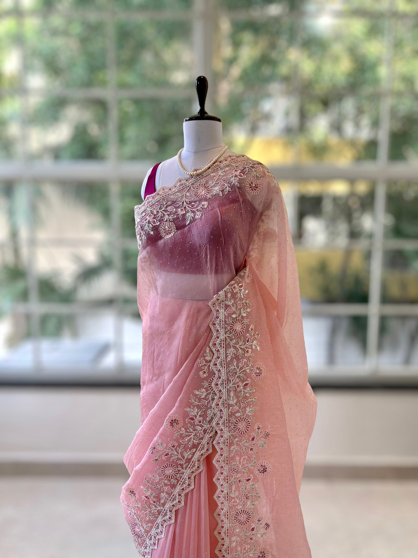 Baby pink threadwork organza saree