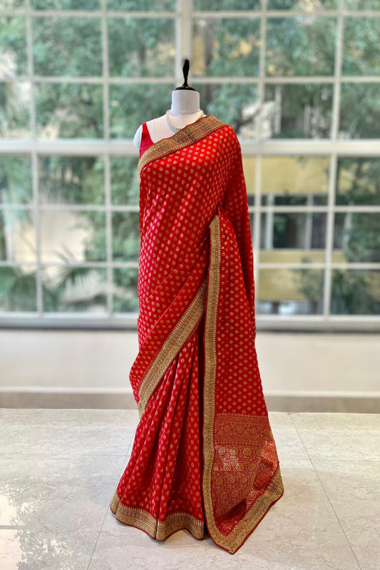 Red cotton silk buti saree