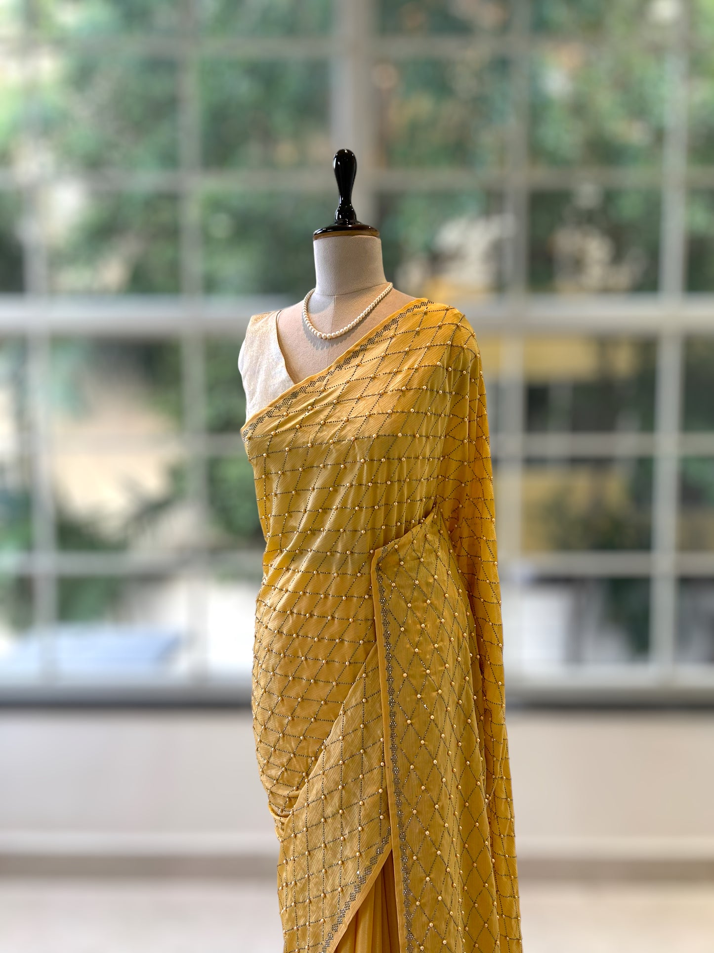 Yellow sequins & pearl saree