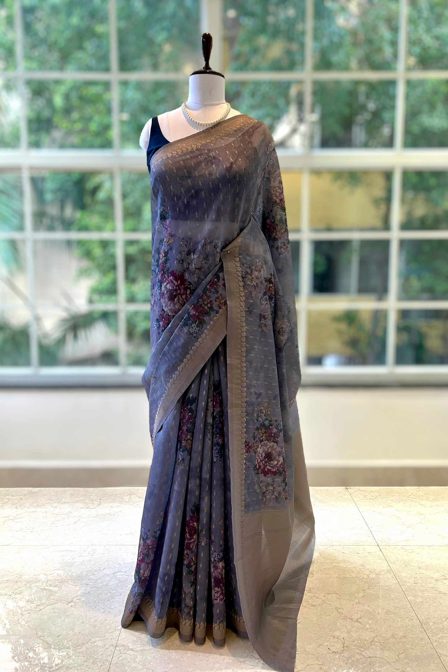 Grey organza zariwork saree