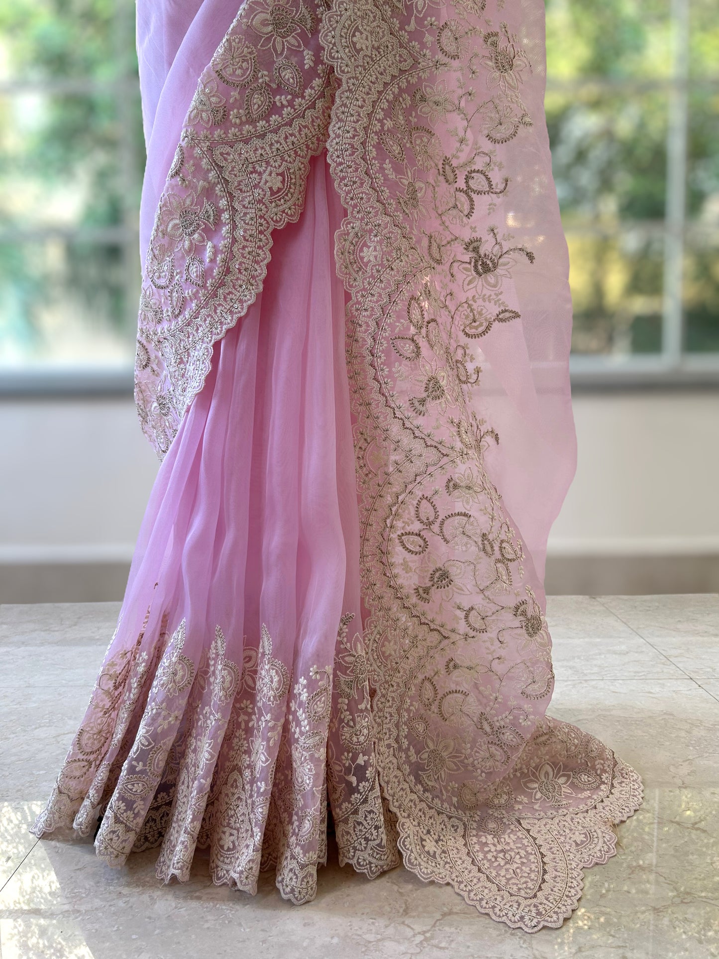 Organza zariwork saree - Pink