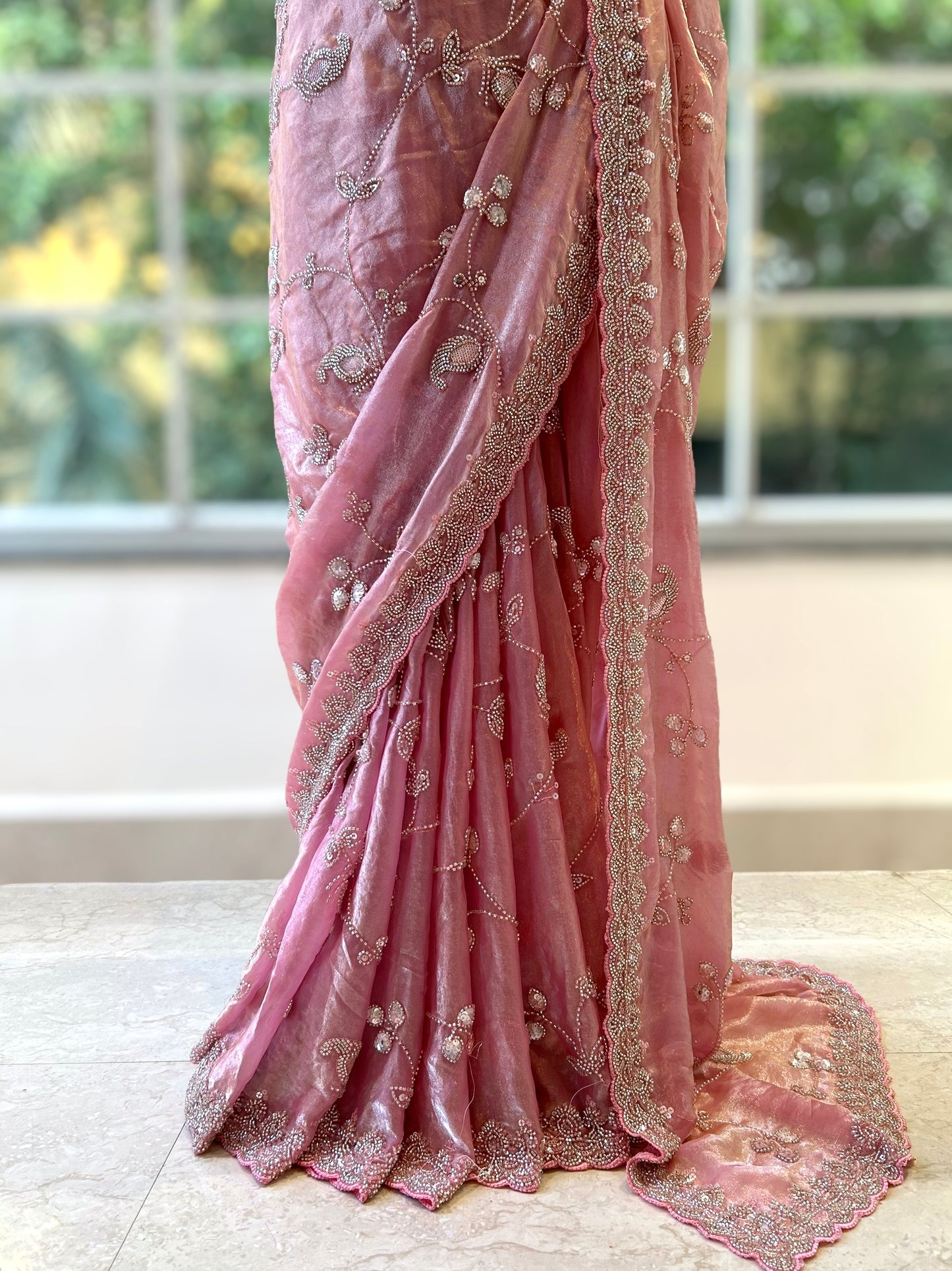 Pure shimmer organza embellished saree - Pink