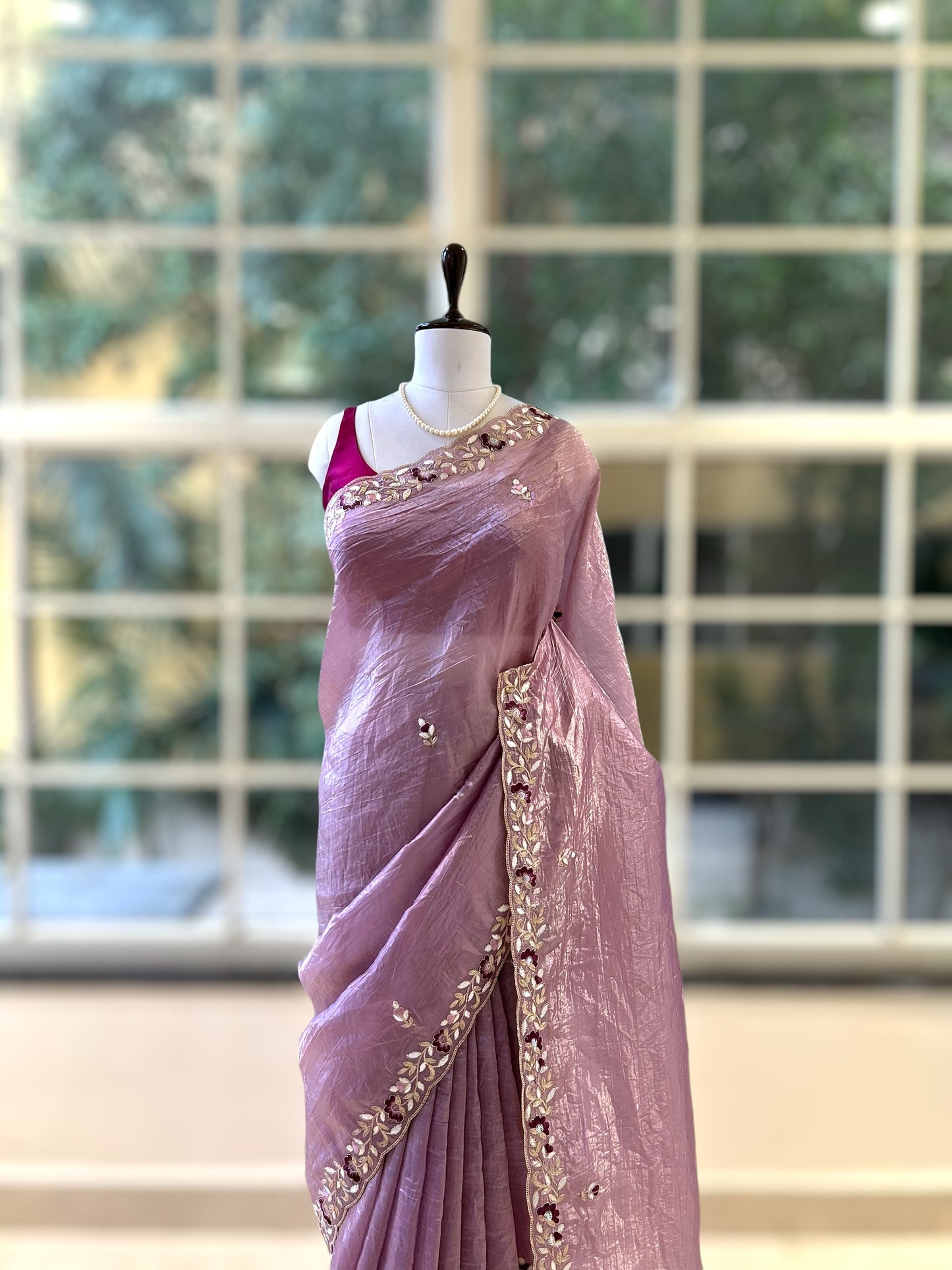 Embroidered crushed organza saree - Lilac