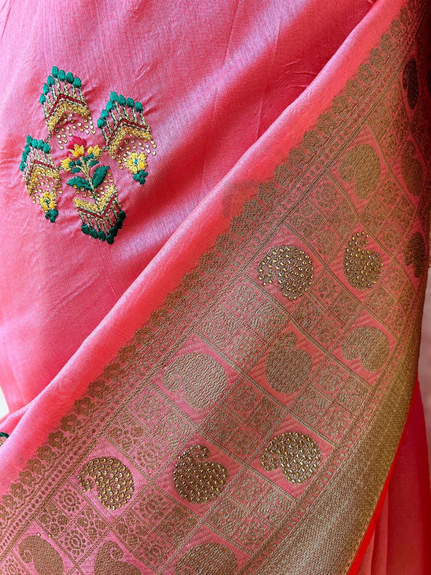 Cotton Embroidered Saree - Pink