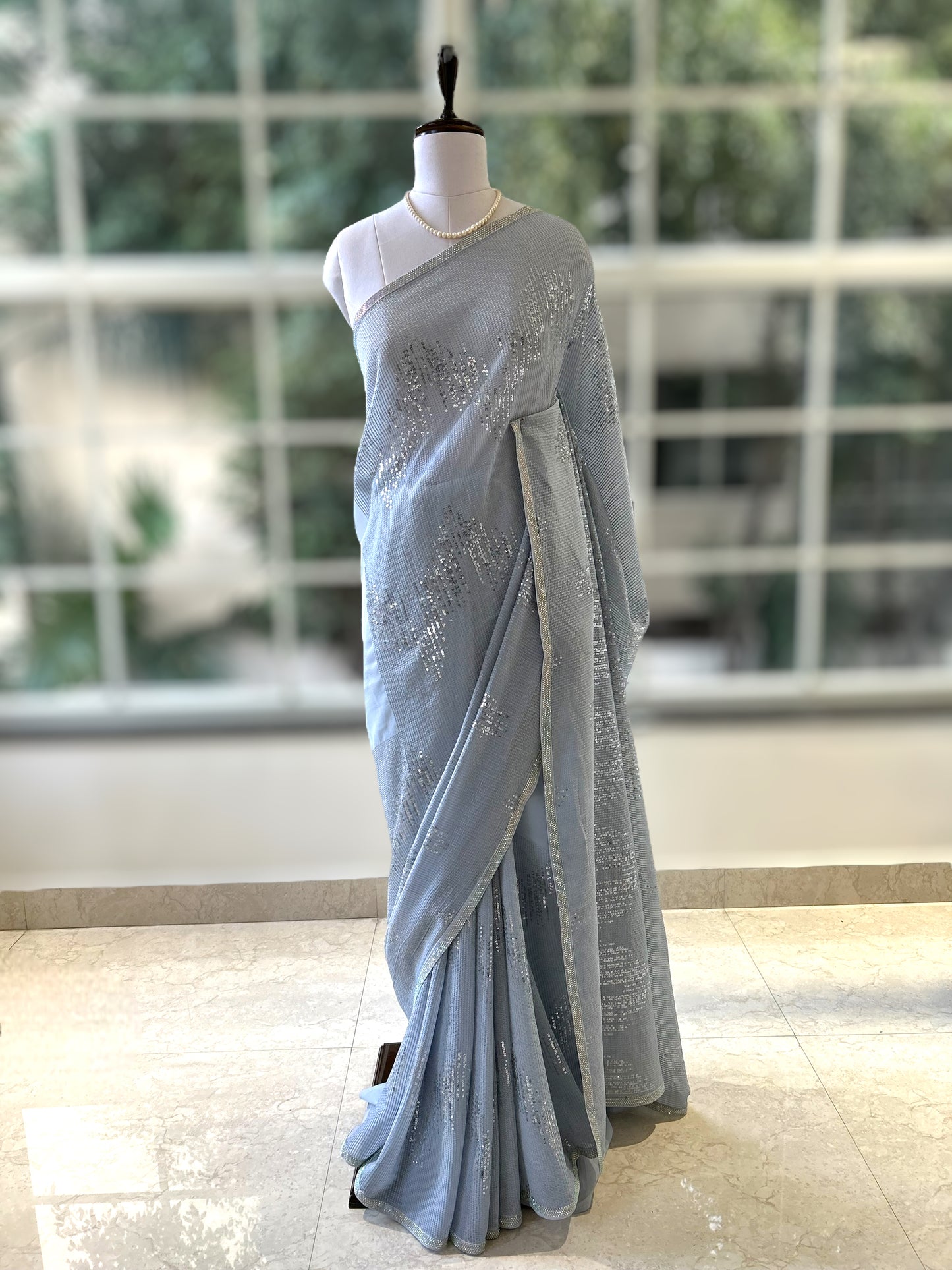 Grey sequins georgette saree