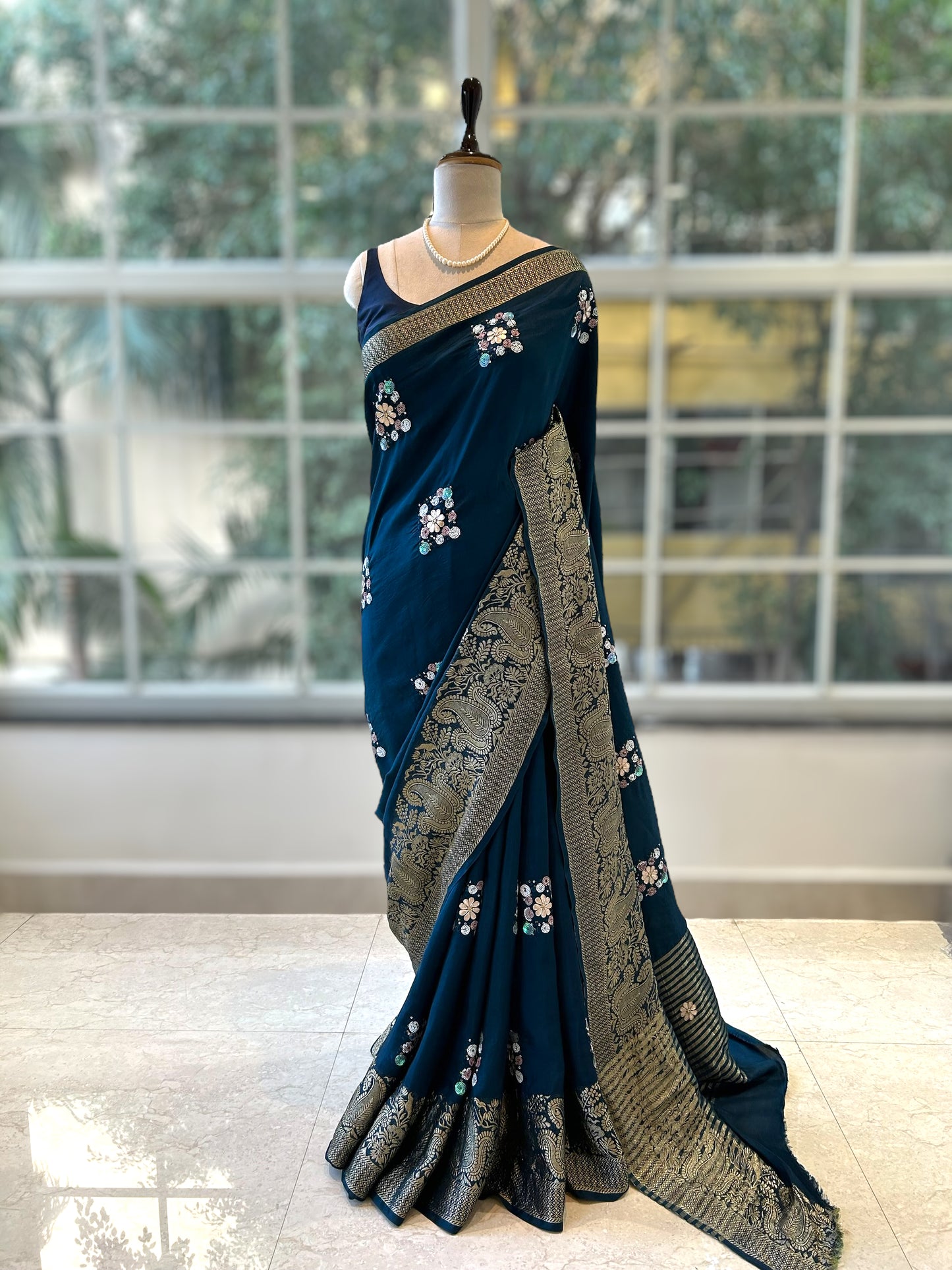 Navy blue russian zari saree