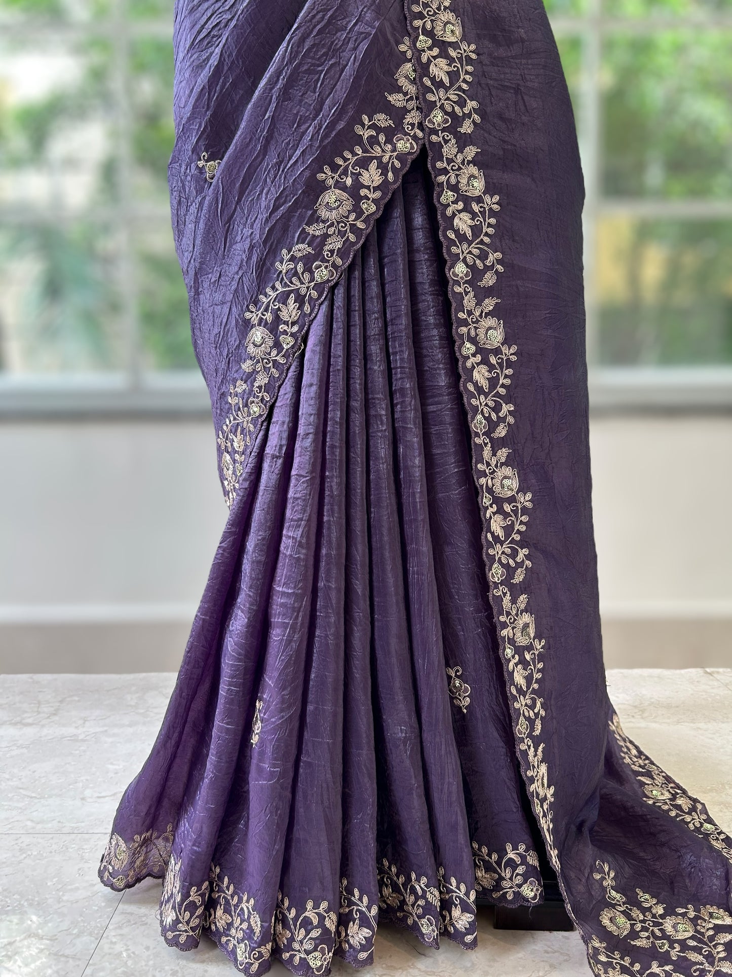 Aariwork crushed organza saree - Purple