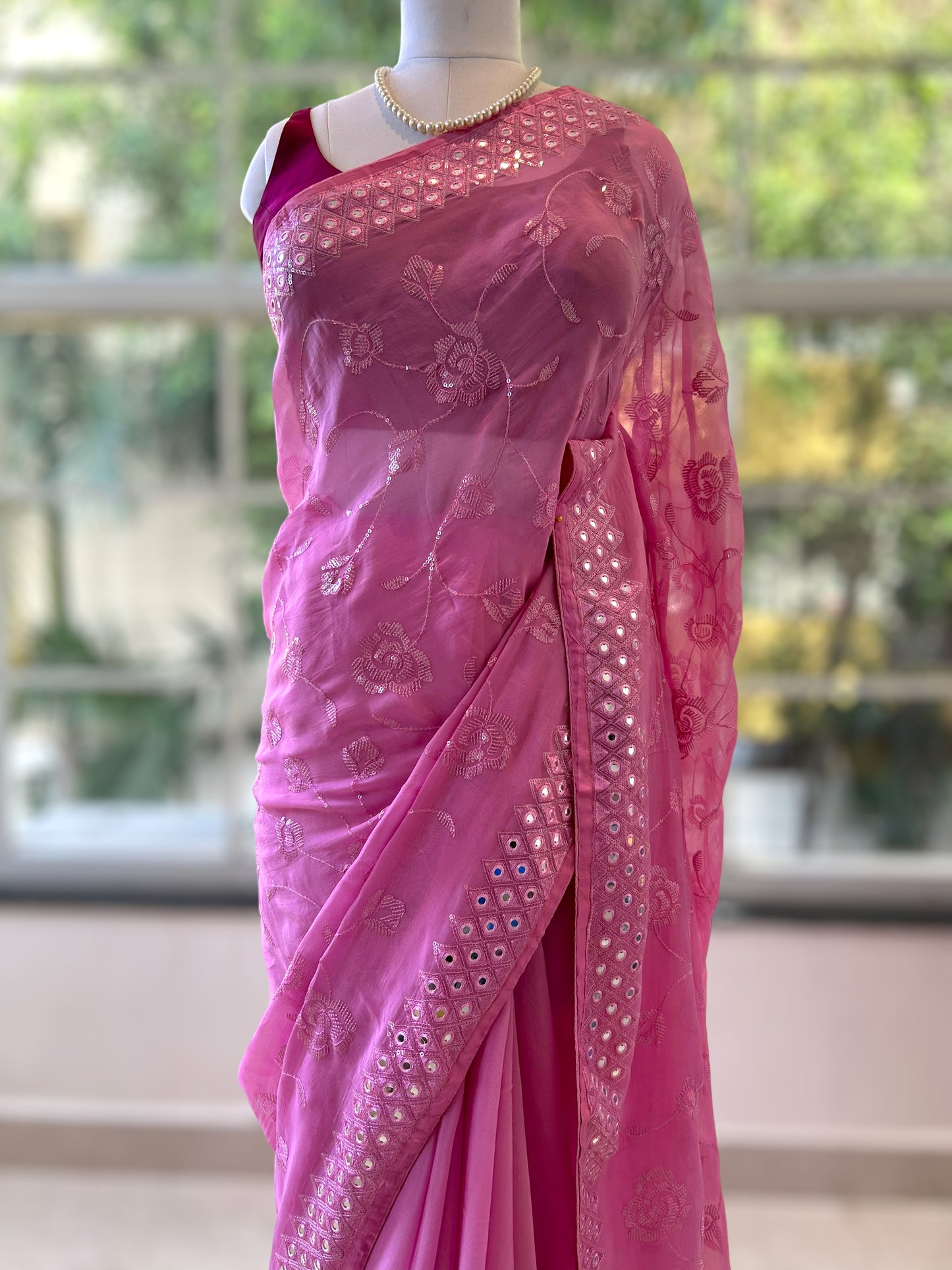 Organza mirror work saree - Pink