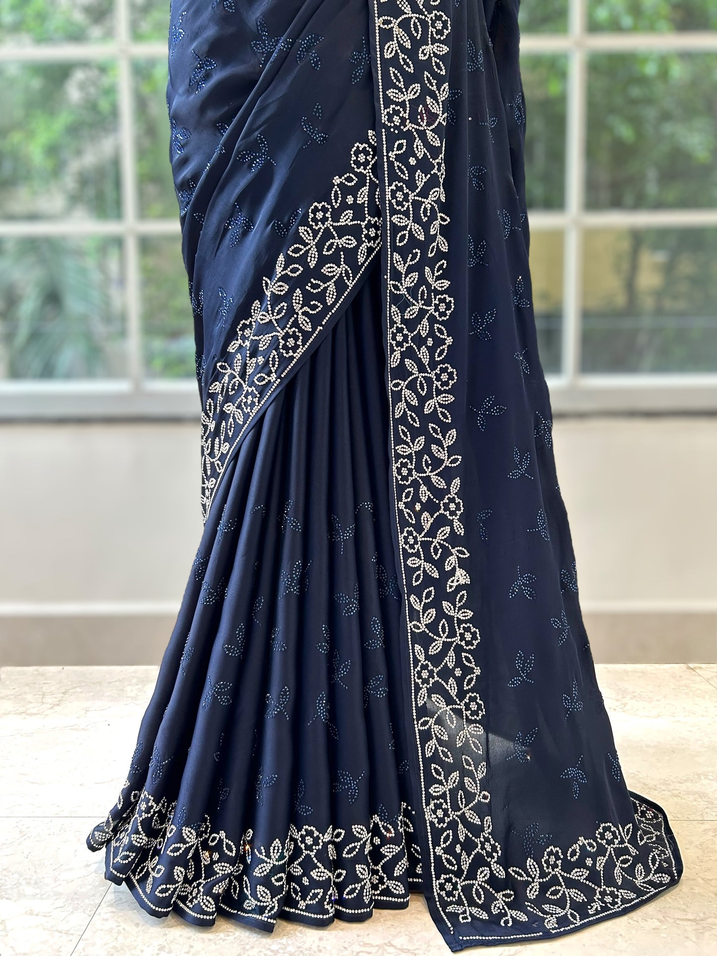 Navy blue satin saree